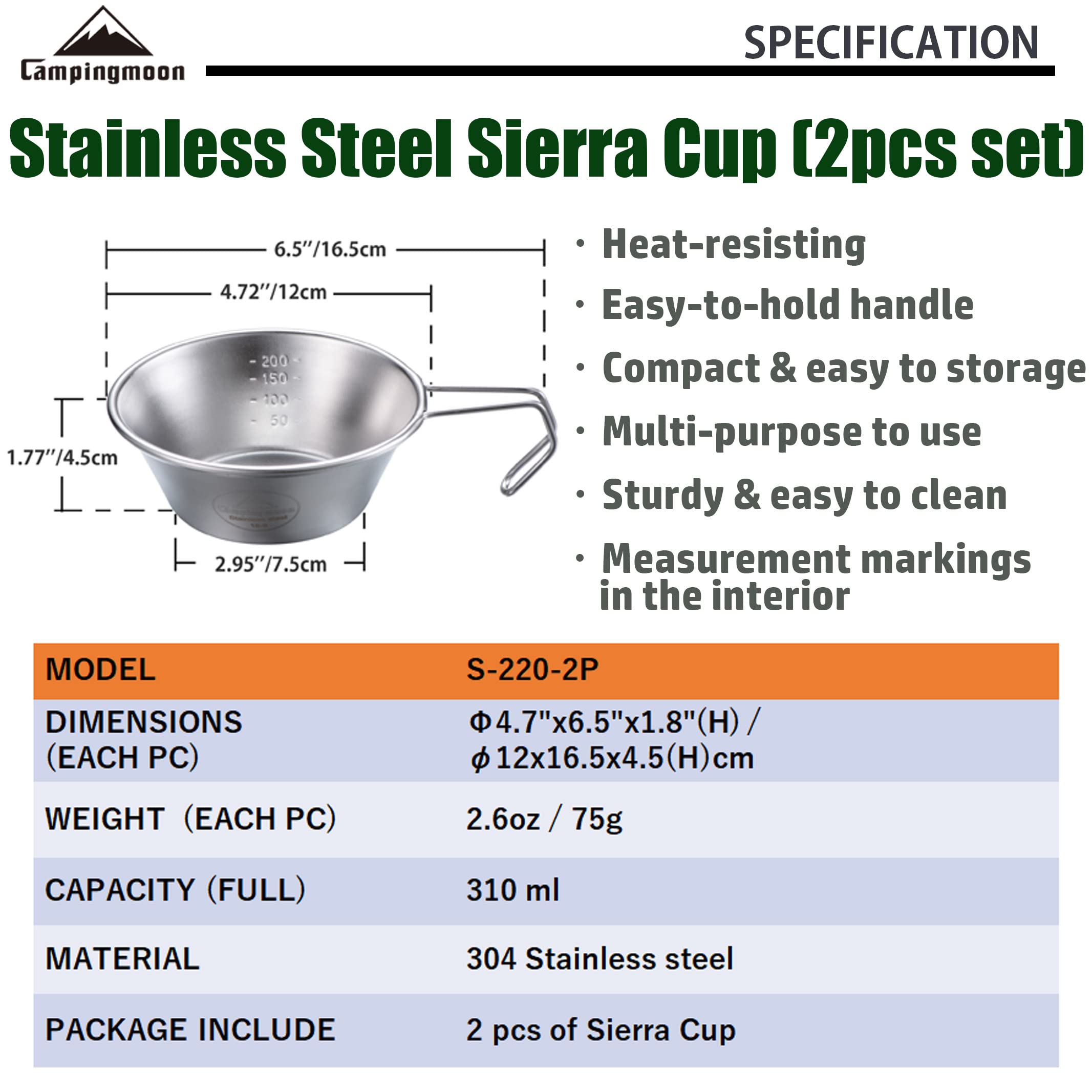 Campingmoon 2Pcs Set Stainless Steel Camping Sierra Cup 310Ml S-220-2P (2Pcs Set)