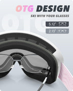 RIOROO Men Women Ski/Snowboard Goggles, Anti Fog 100% UV Protection, OTG Design, Dual-Venting System, Red, White