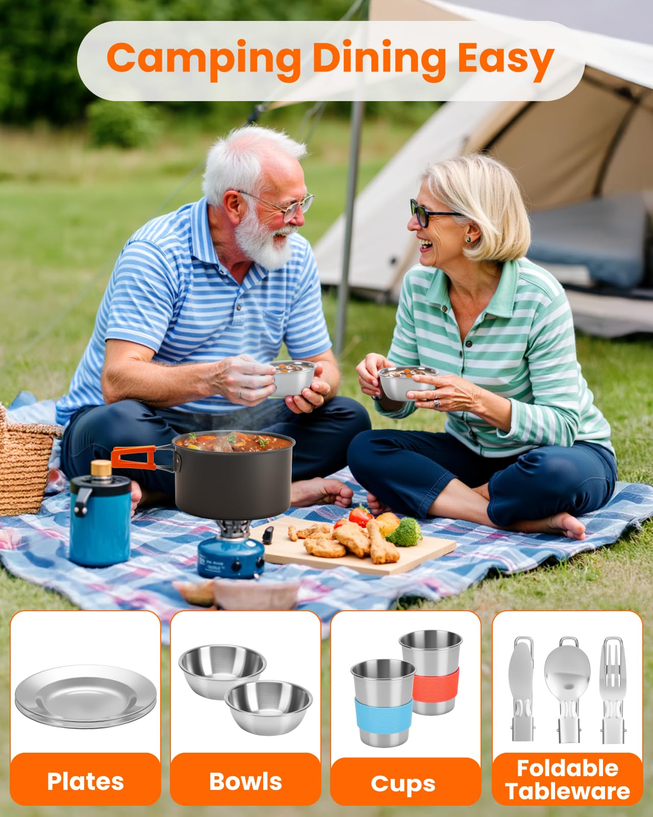 Fitense 22Pcs Camping Cookware Mess Kit For 2, Lightweight Camping Kitchen Pots And Pans Set, Portable Camping Essentials For Ba