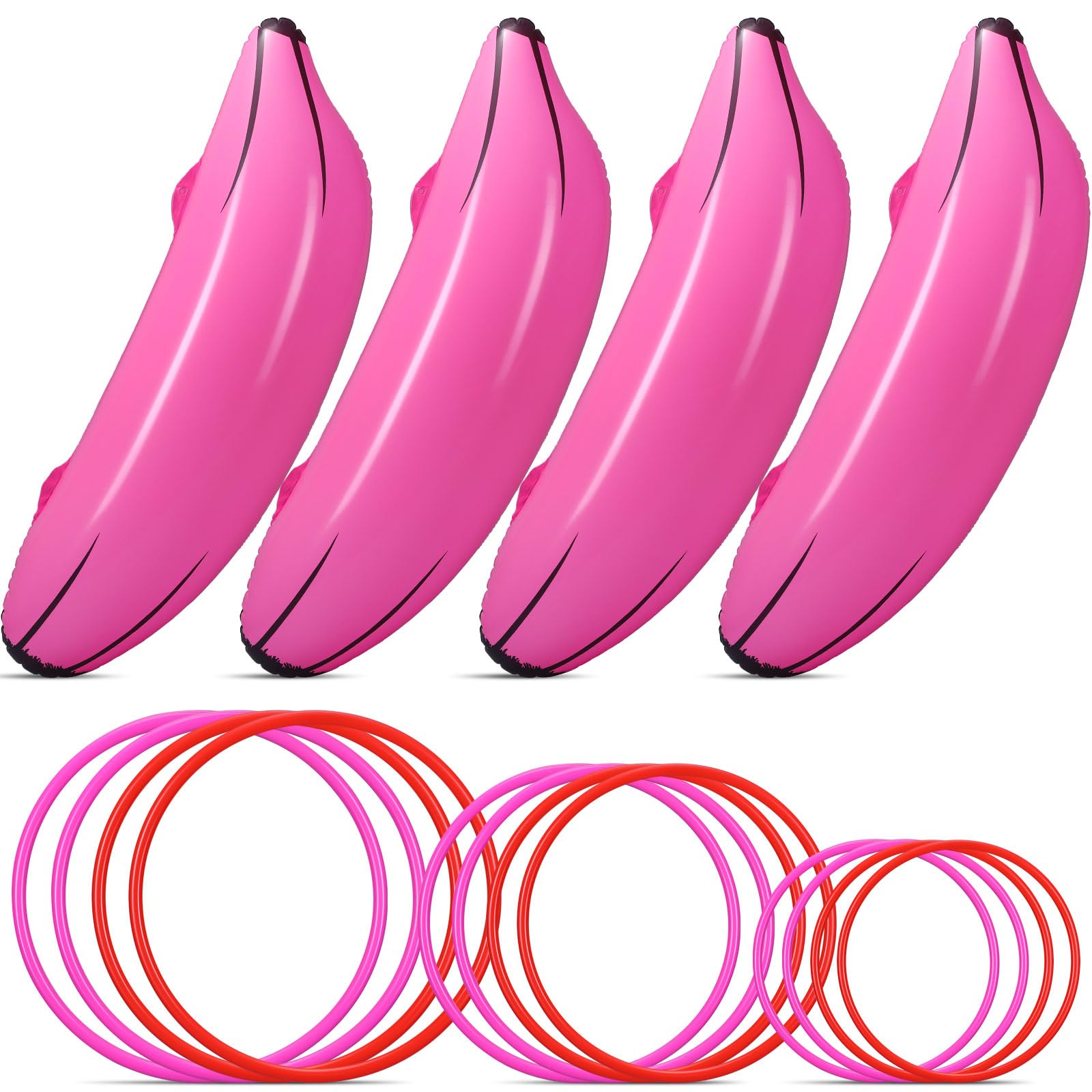 Leitee 16 Pcs Inflatable Banana Ring Toss Party Favor for Women Include 4 Pack Inflatable Banana with 12 Pcs Plastic Toss Rings 
