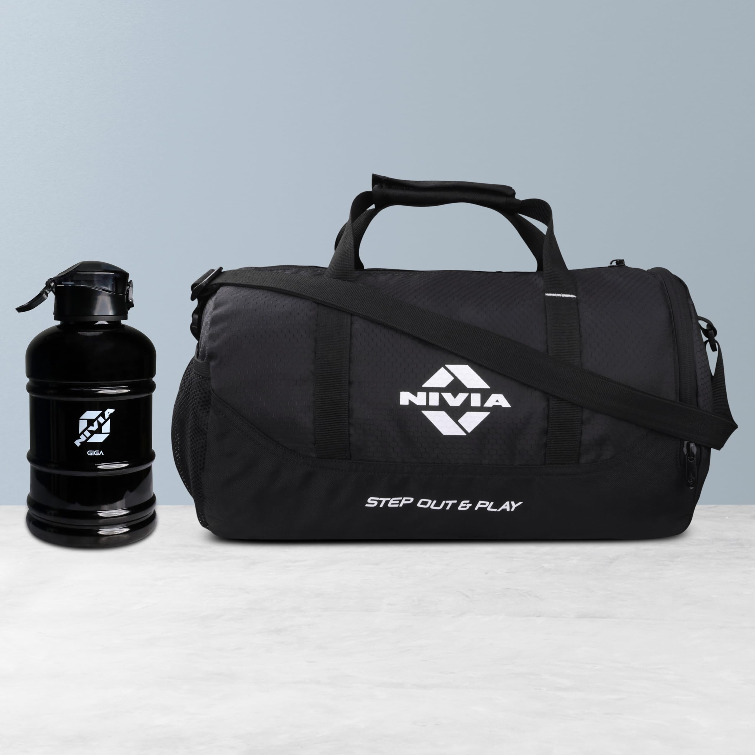 Nivia Beast Gym Combo For Men & Women, Beast Gym Bag With Shoe Compartment (21 Litres), 1800 Ml Water Bottle (Black), Pack Of 2