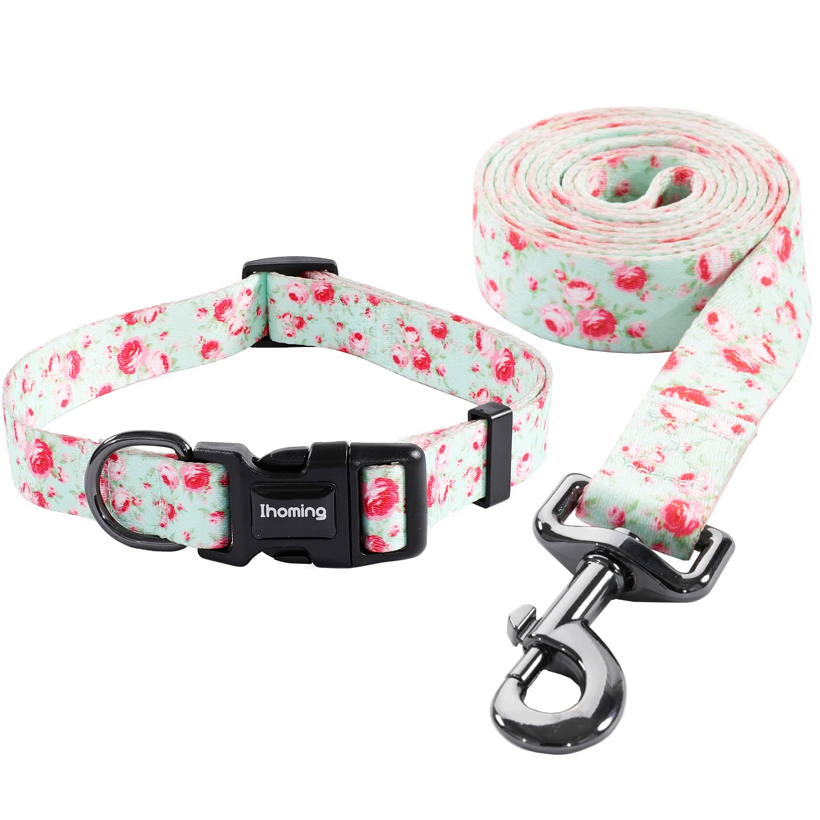 Ihoming Dog Collar And Leash Set For Daily Outdoor Walking Running Training, Floral Greenlake Design For Small Boys Girls Dogs C