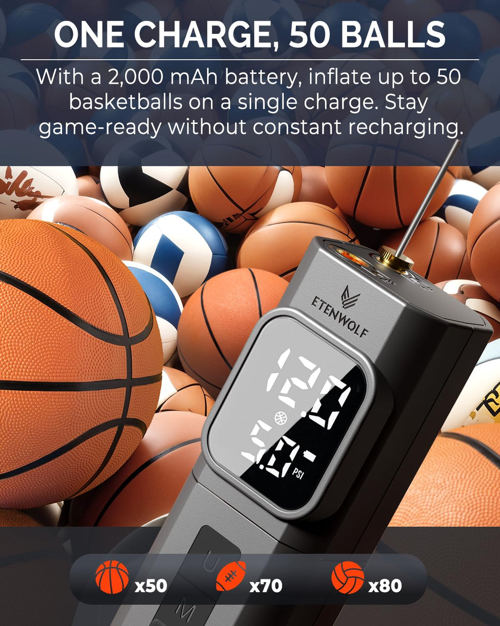 ETENWOLF P200 Electric Ball Pump 2000mAh Sports Air Pump with Digital Pressure Gauge for Basketball Soccer Volleyball (Black)