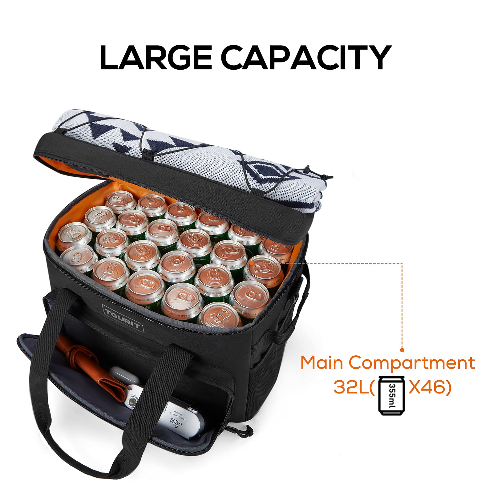 Tourit Cooler Bag 46-Can Insulated Soft Cooler Portable Cooler Bag 32L Lunch Coolers For Picnic, Beach, Work, Trip, Black