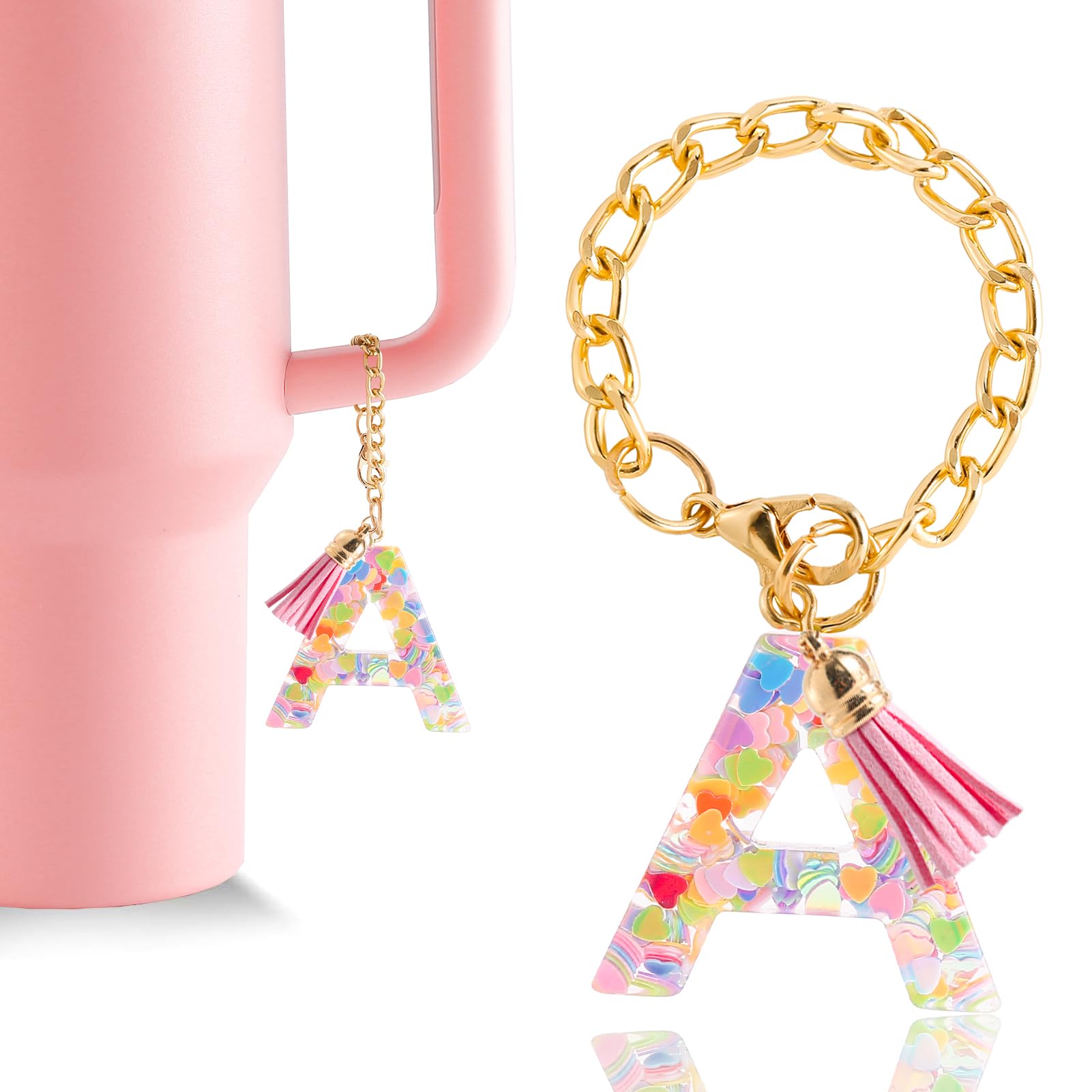 Letter Charm Accessories for Stanley Cup 1 PCS Cute Initial Keychain Handle Charm for Stanley Tumbler for Women Pink Letter A