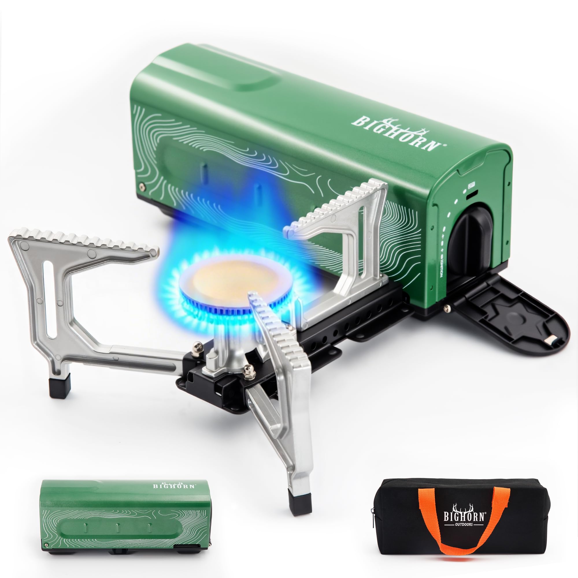 BIG HORN OUTDOORS Butane Camping Stove, Portable Folding Gas Burner with Carry Bag for Camping, Emergency Use and Outdoor Cookin