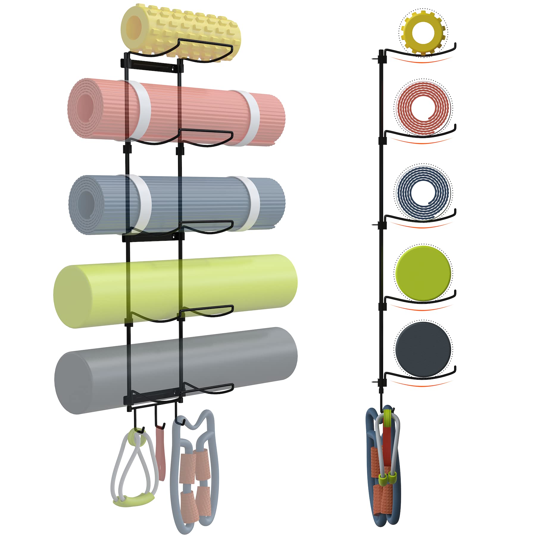 Yoga Mat Holder Wall Mount, Wall Rack Organizer, Storage Foam Roller And Block, With 5 Sectional And 3 Hooks For Hanging Yoga St