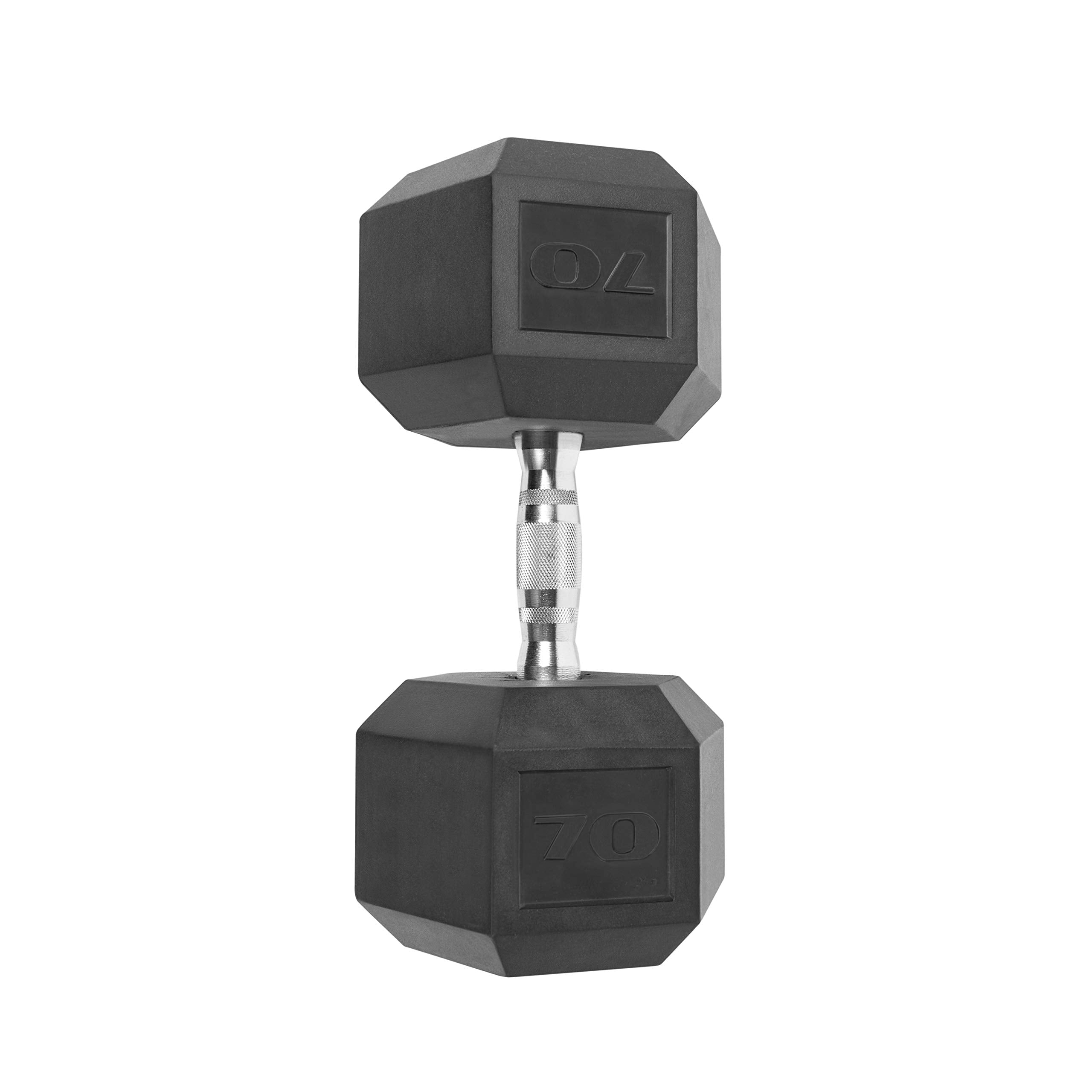 CAP Barbell 70 LB Rubber Coated Hex Dumbbell Hand Weight - Single | Chrome Handle