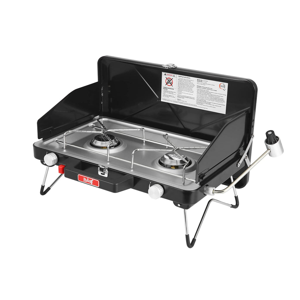 Feasto Camping Propane Stove, Portable Camping Grill Stove, Push-Button Ignition, Adjustable Windproof Burners, Wind Guards, Fol