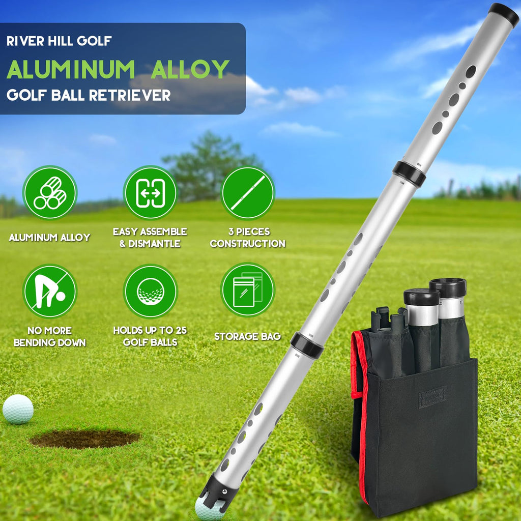River Hill Golf Golf Ball Retriever, 3 Pieces Aluminum Alloy Picker Upper Tube W/Storage Bag, 25 Golf Balls Shagger Grabber, 41.