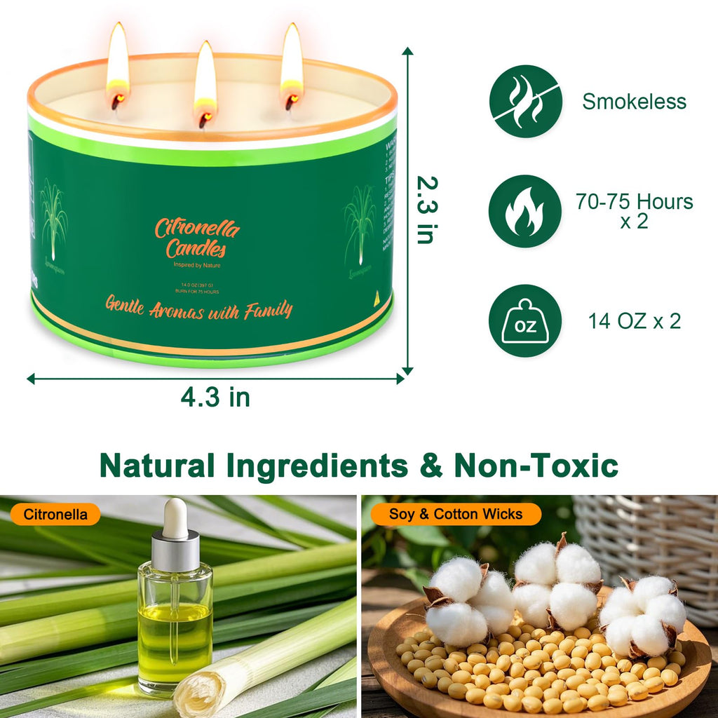 Citronella Candles Outdoor, 2 Packs Large Outdoor Candles For Patio Garden (14Oz Each), 3-Wick Nature Soy Wax Lemomgrass Outside
