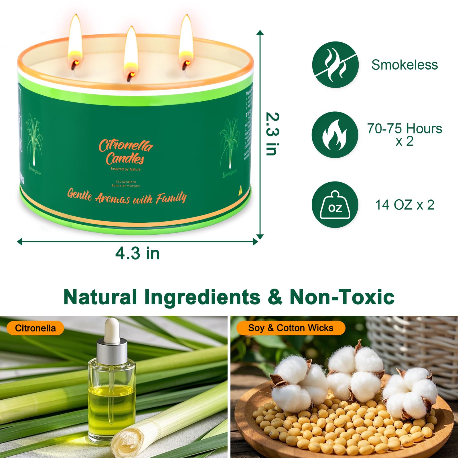 Citronella Candles Outdoor, 2 Packs Large Outdoor Candles For Patio Garden (14Oz Each), 3-Wick Nature Soy Wax Lemomgrass Outside