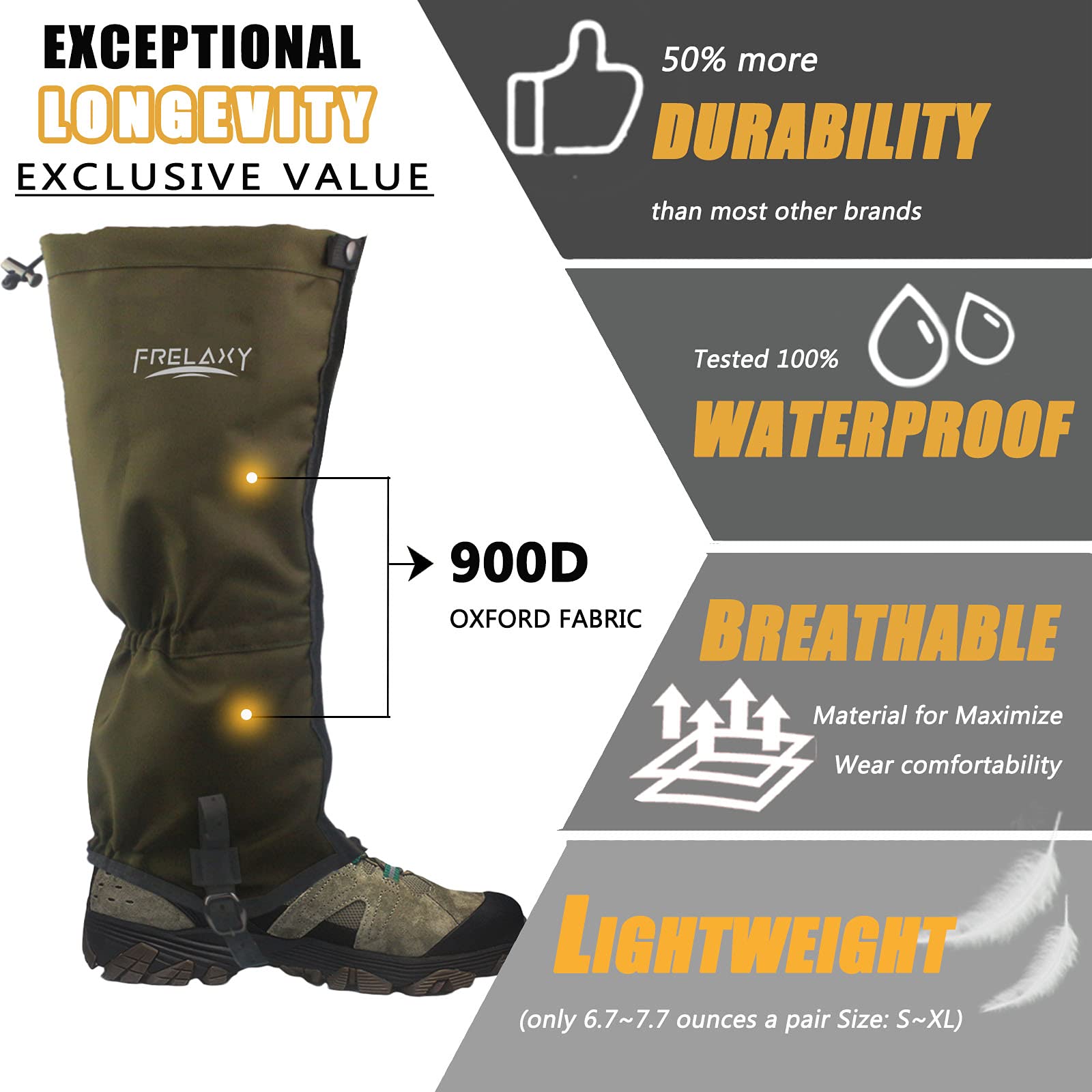 Frelaxy Leg Gaiters 100% Waterproof Hiking Gaiters, Hunting Gaiters With Upgraded Rubber Foot Strap, Adjustable Snow Boot Gaiter
