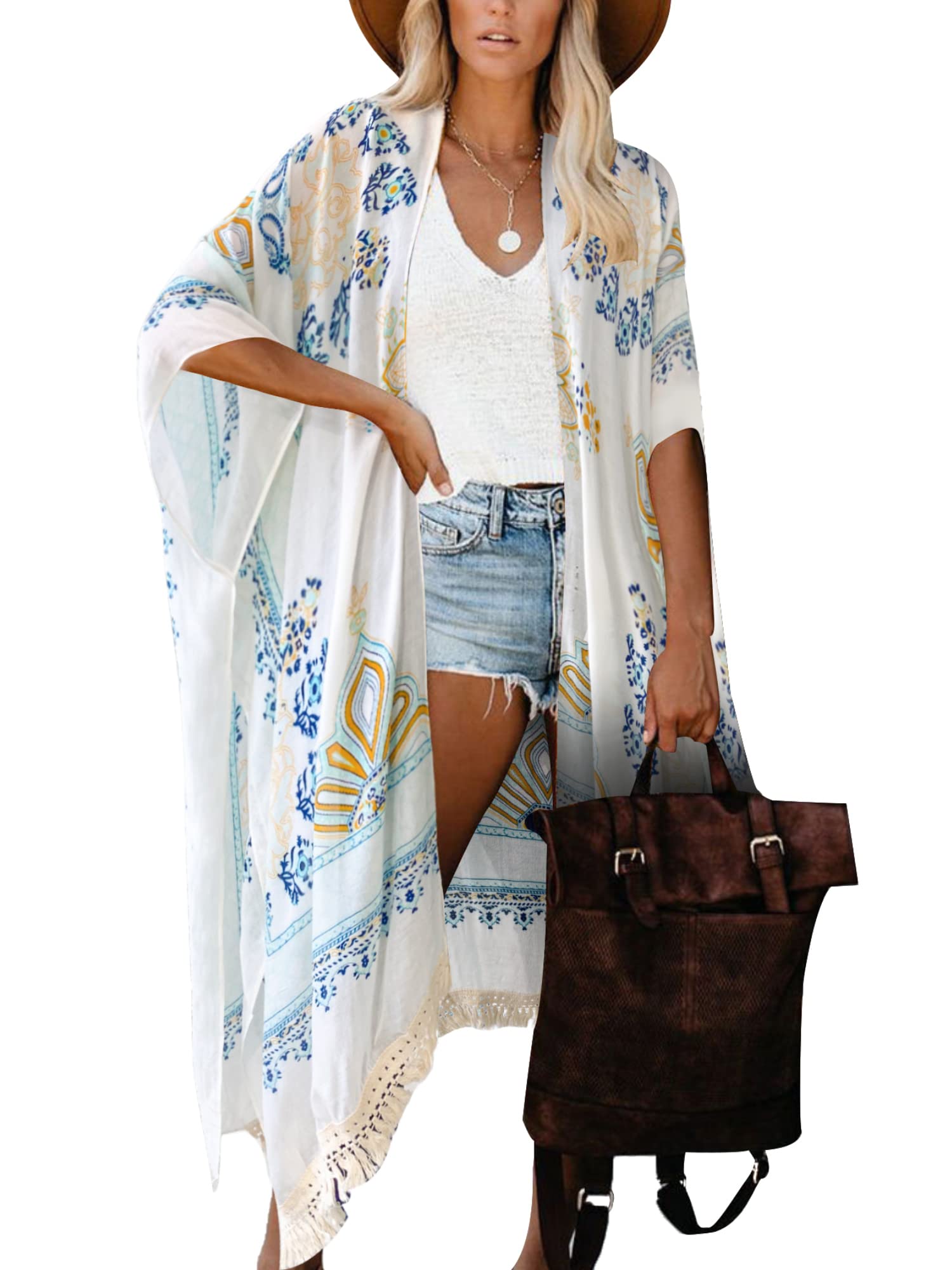 Breezy Lane White Kimonos for Women Swimsuit coverup Beach cardigans with Tassel Fringe Floral Print for Summer Vacation