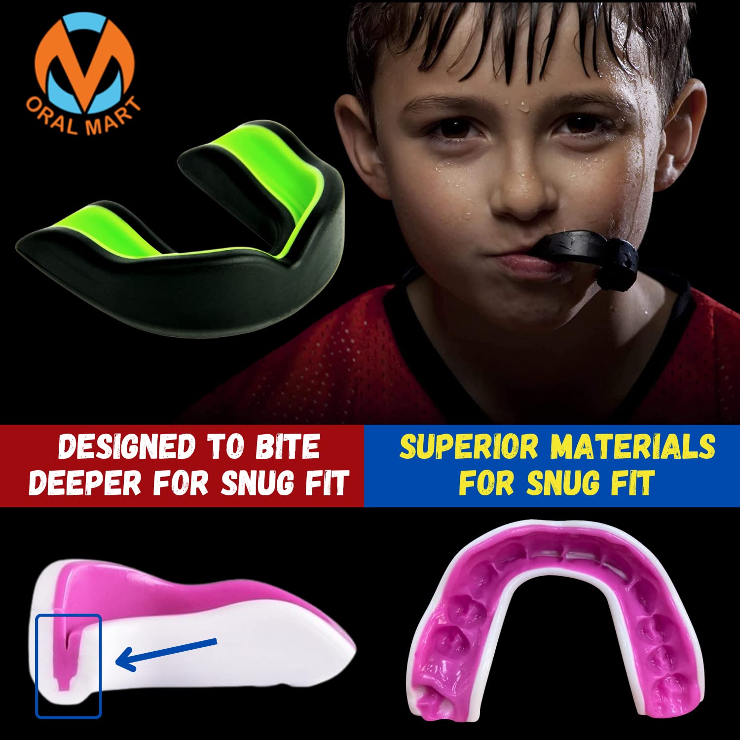 Oral Mart Black/Green Youth Mouthguard For Kids - Youth Mouthguard For Karate, Flag Football, Martial Arts, Taekwondo, Boxing, F