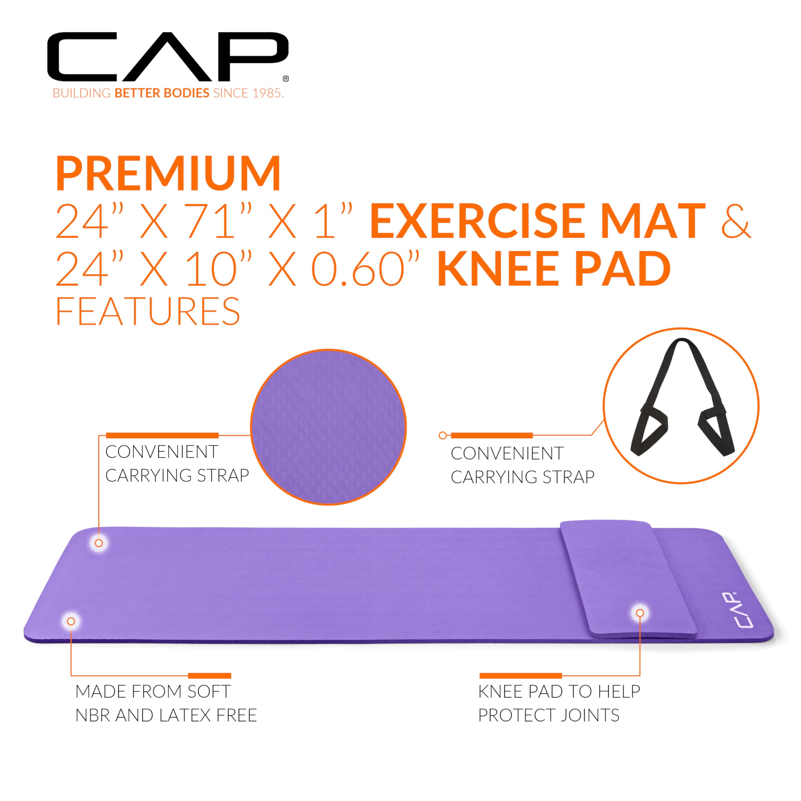 Cap High Density Exercise Yoga Mat With Strap And Knee Pad 71''X24''X1/2'' Purple
