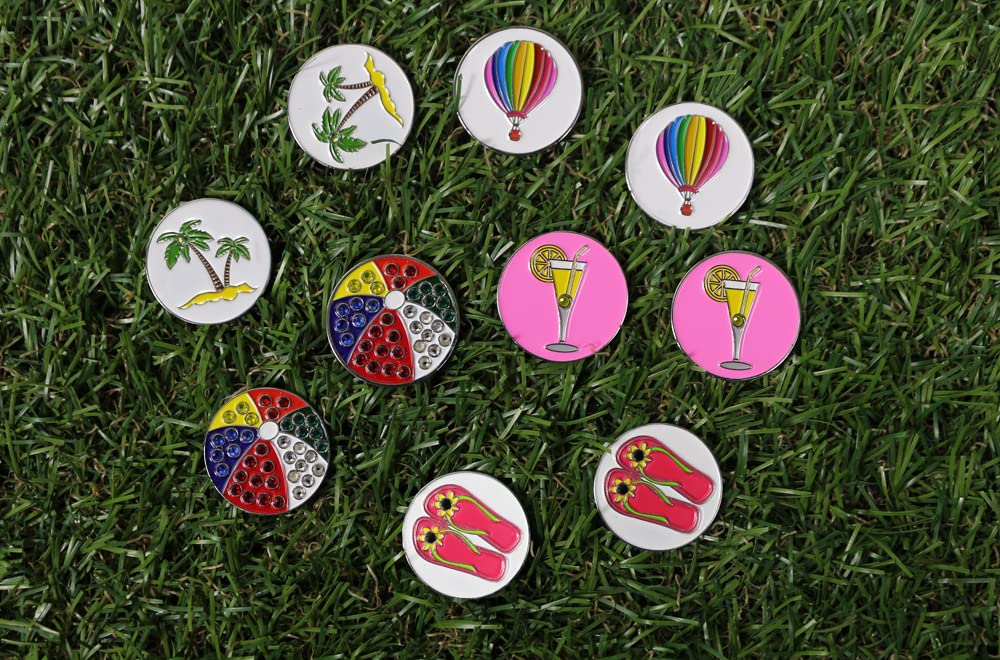 Pinmei Lot Of 10 Golf Ball Markers Assorted Patterns, Soft Enamel Technique, Dia 24.4Mm (Beach Series)