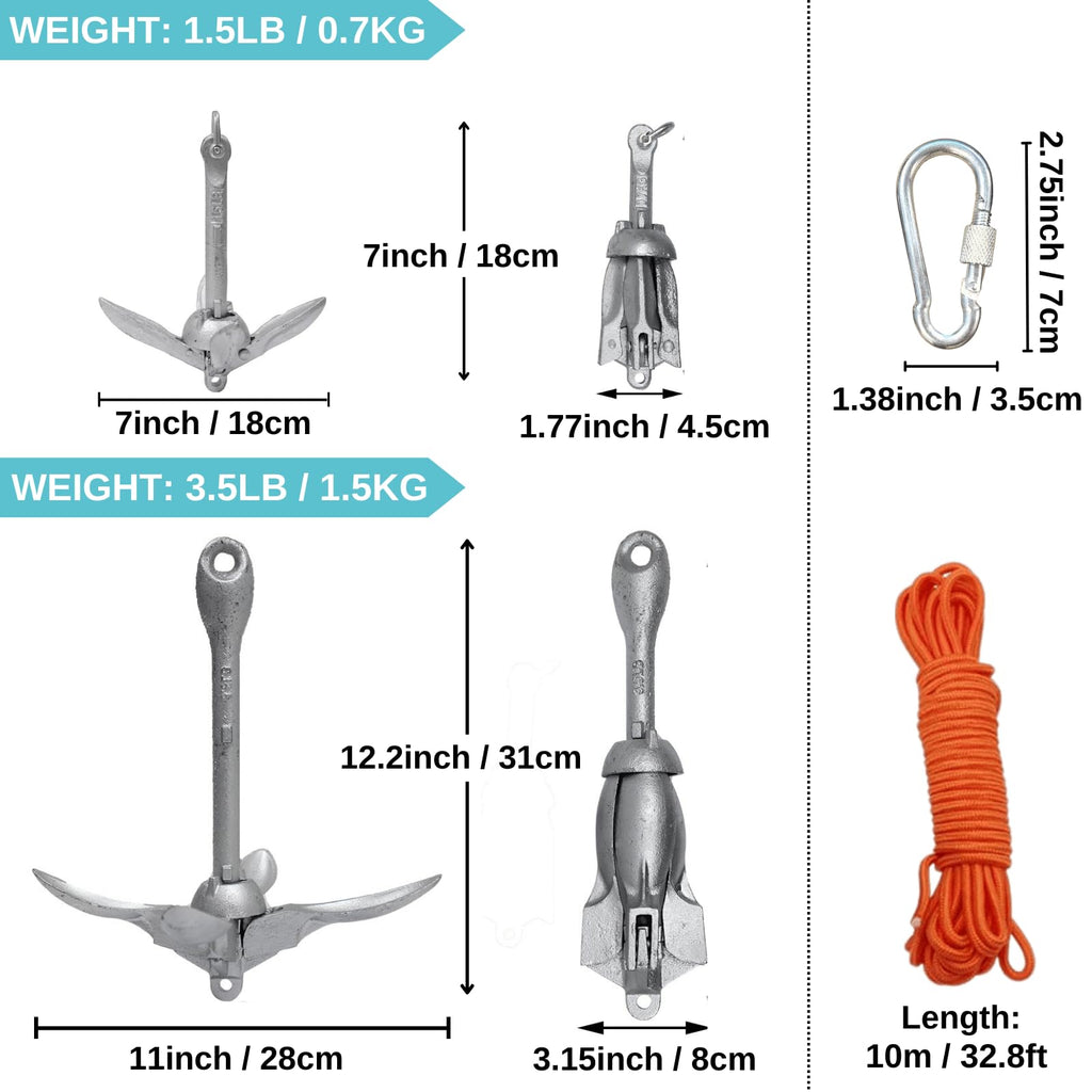 Begrit Kayak Anchor 3.5Lb Folding Marine Anchor Small Boat Anchor For Fishing,Kayak,Paddle Board,Canoe,Jet Ski, With 32.8 Ft Anc
