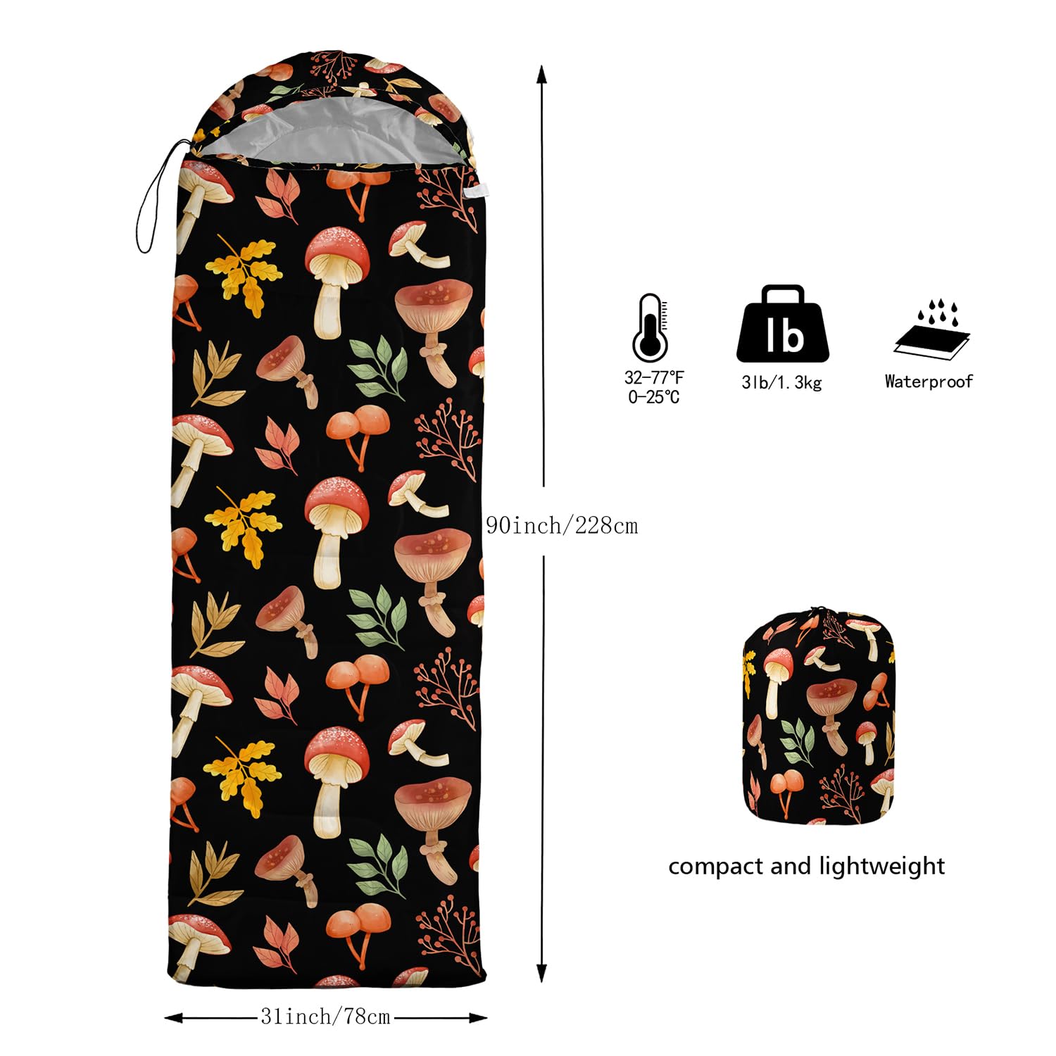 Cvhouse Mushroom Camping Sleeping Bags,3 Season Warm & Cool Weather,Lightweight,Waterproof Sleeping Bags For Adults & Kids,Trave