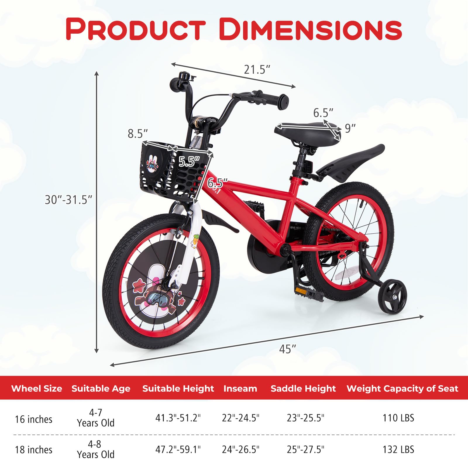BABY JOY Kids Bike, 16 Inches Child Bike for 4-7 Years Old with Adjustable Height, Training Wheels, Storage Basket, Handbrake &