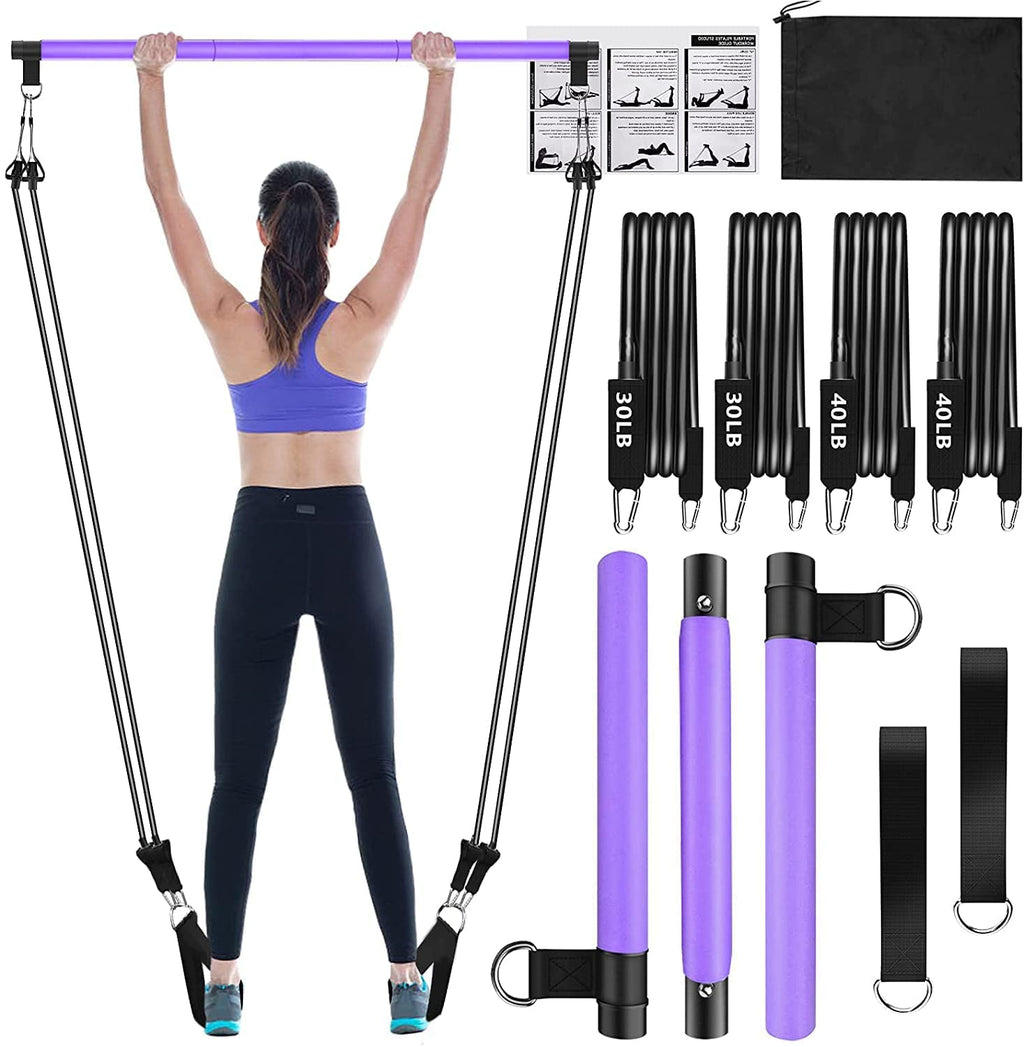 Pilates Bar Kit With 4 X Resistance Bands,3-Section Pilates Bar With Stackable Bands Workout Equipment For Legs,Hip,Waist And Ar