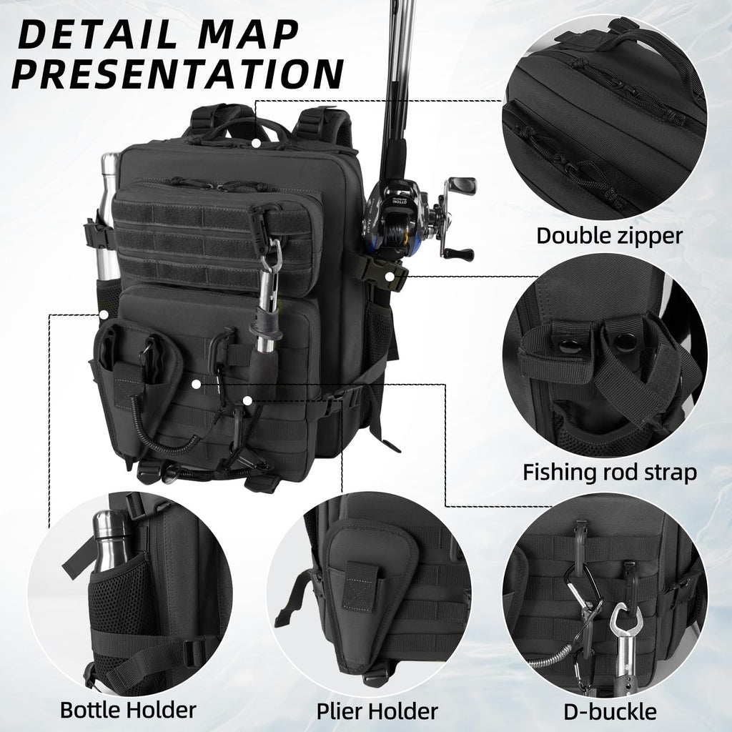 Rogjuk Small Tactical Fishing Tackle Backpack With Removable Plier Holder & Rod Holders Storage Fishing Gear And Equipment Tackl