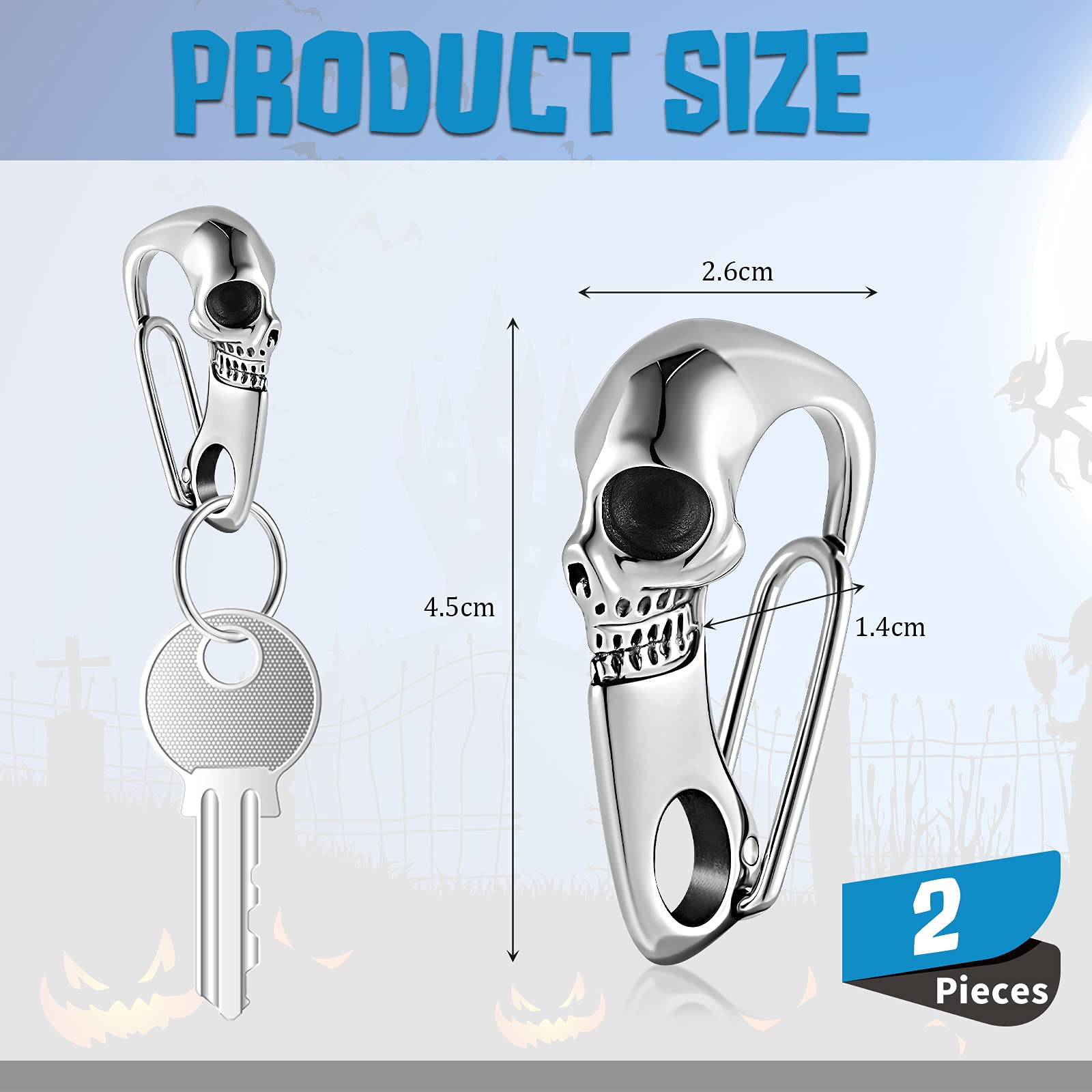 Hicarer 2 Pieces Skull Key Chain Skull Wallet Chain For Men Heavy Metal Skull Key Ring Skull Clasp Key Buckle (Silver)