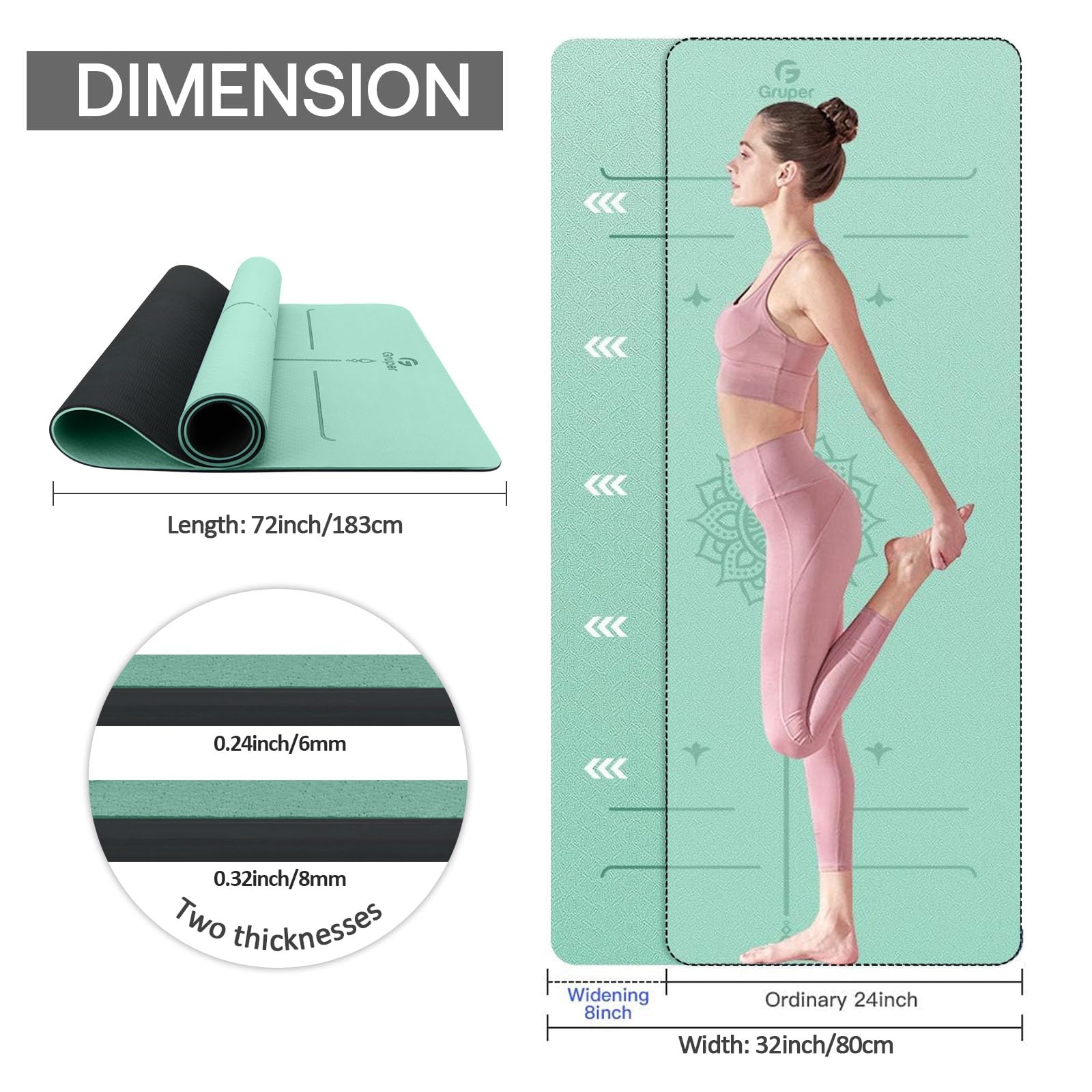 Yoga Mat Non Slip TPE Thick Yoga Mat with Alignment Mark, Large Size 72L x 32W x 0.32Th or 0.24Th, Anti-Tear Exercise & Fitness