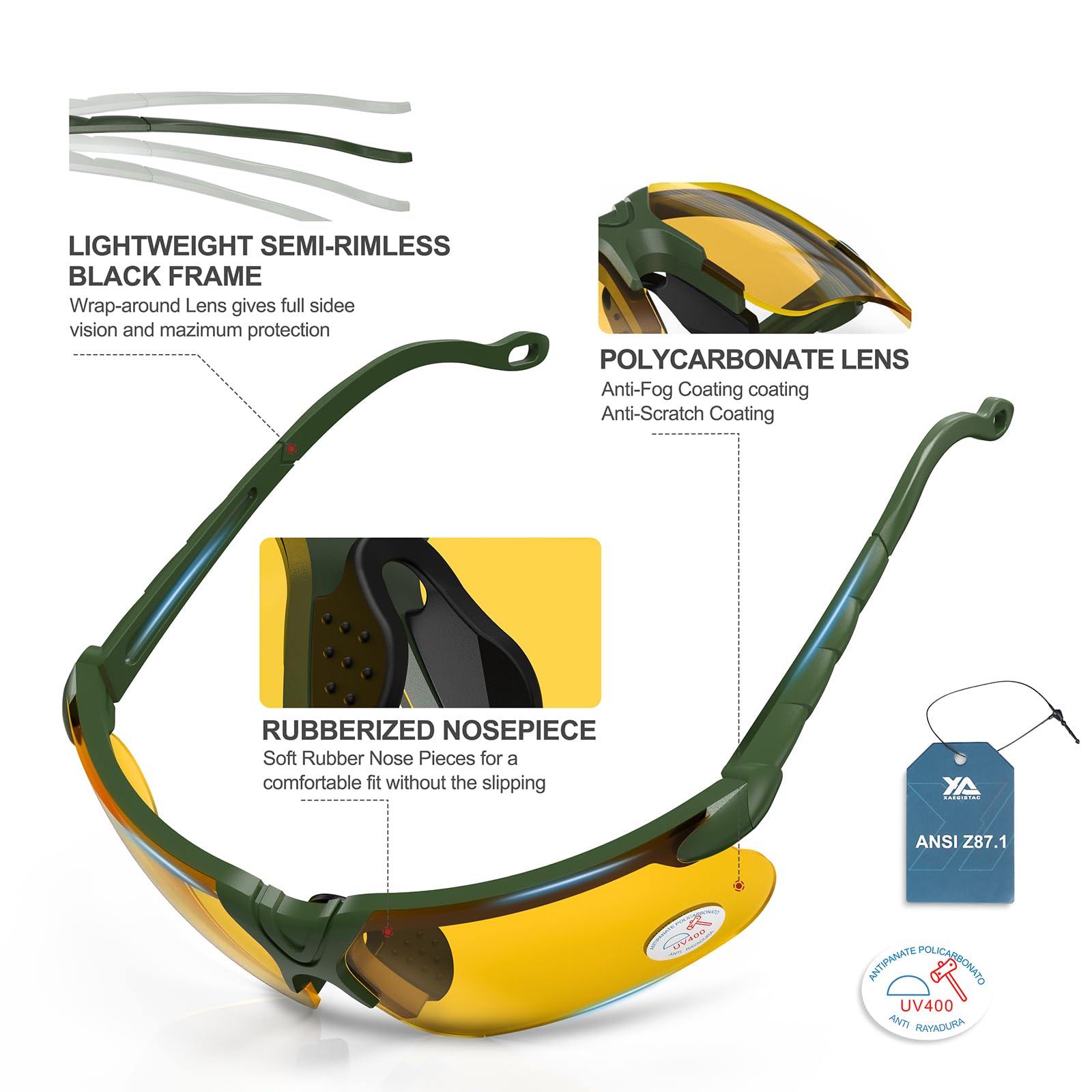 Xaegistac Shooting Glasses With Case Anti Fog Hunting Safety Glasses For Men Women (Yellow Lens-Green Frame)