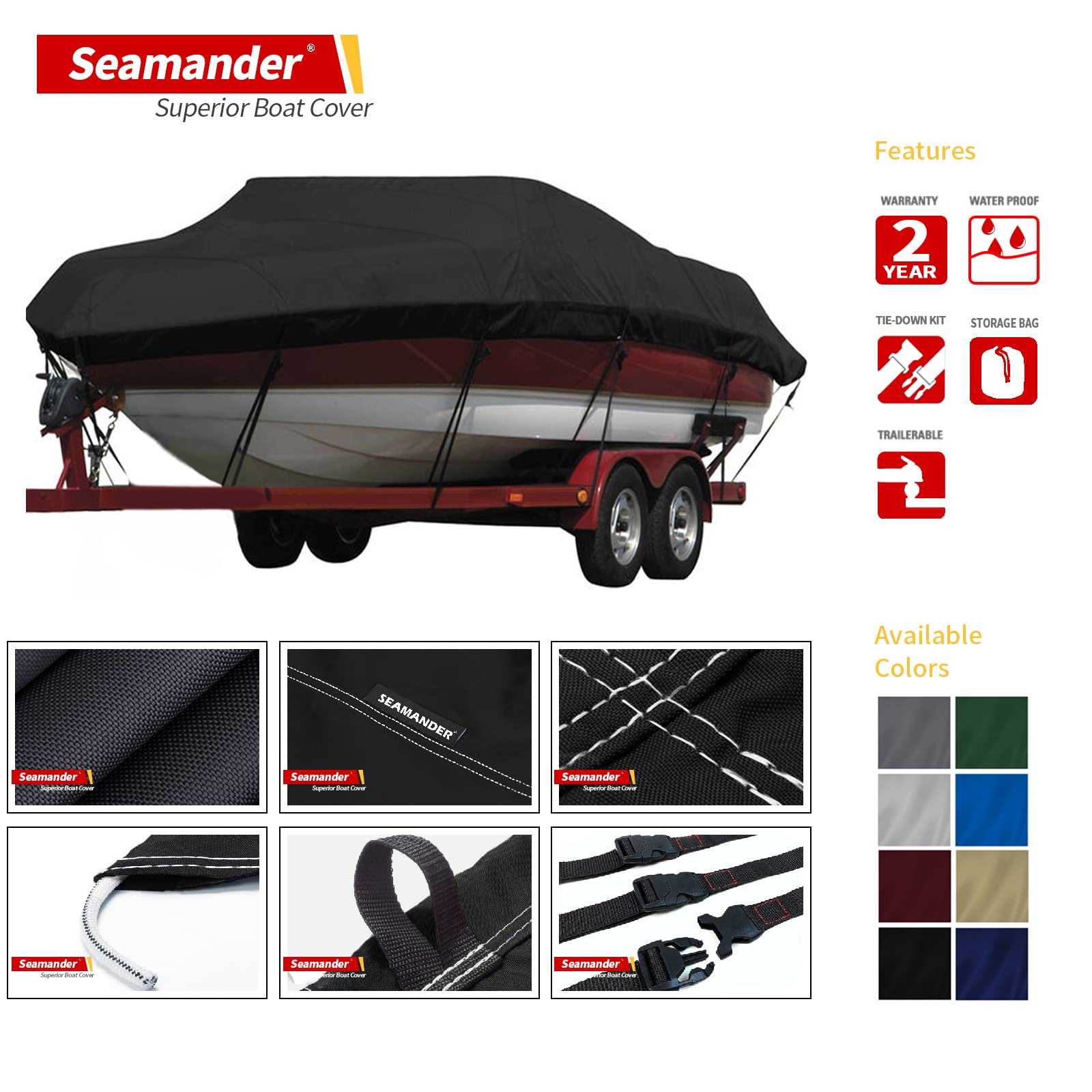 Seamander Waterproof Boat Cover, Solution-Dyed Yarn Marine Grade Cover Fits 14' To 16' Ft Bass, V-Hull, Tri-Hull, Fish & Ski, Ru