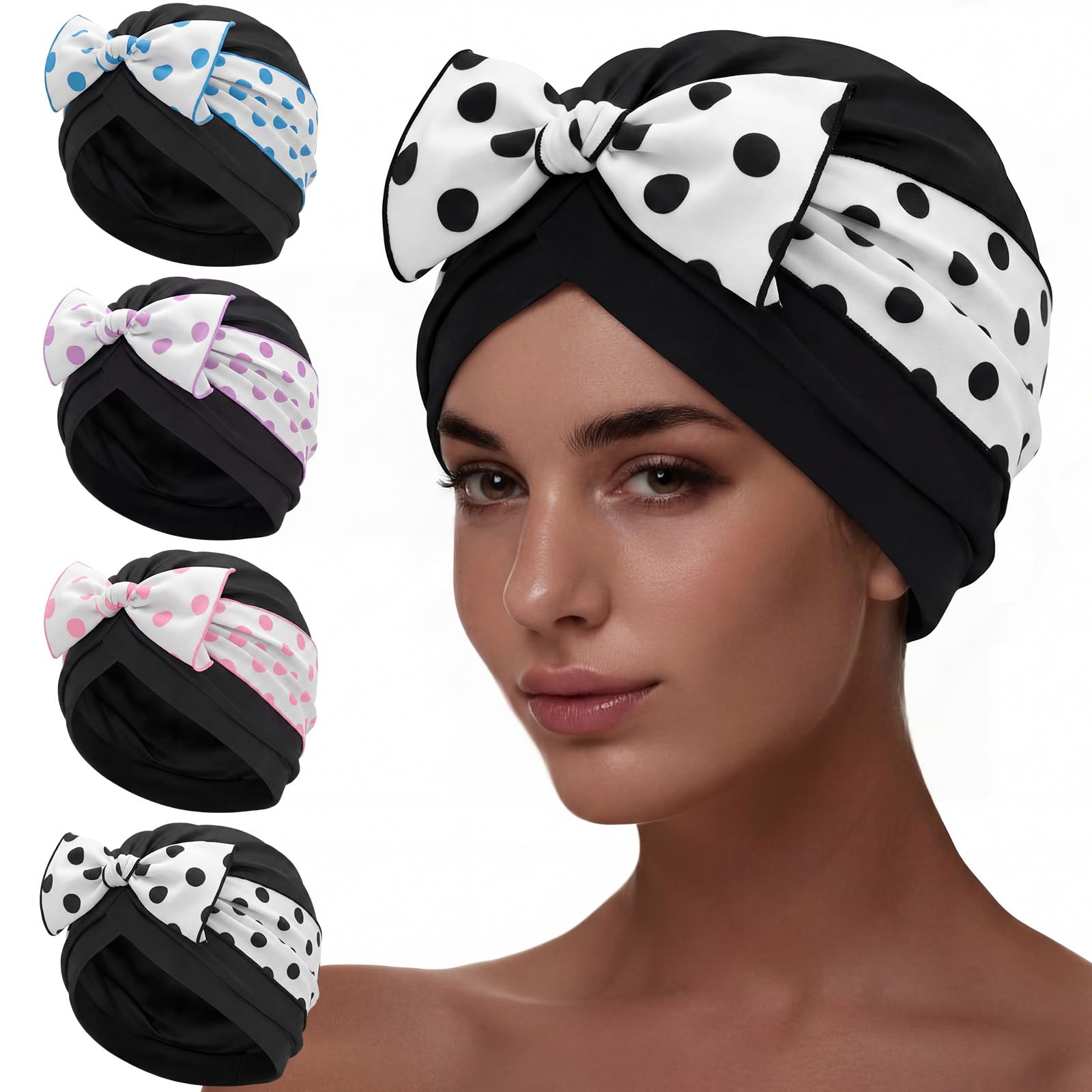Soulchen 4 Pack Women Swim Caps for Long Hair Turban Bathing Caps with Polka Dot Bow Pleated Elastic Swimming Hats Fabric Cloth 