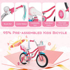 Baby Joy Kids Bike, 14 Inch Children Bicycle W/Basket, Doll Seat, Colorful Streamers, Training Wheels, Adjustable Seat & Handleb