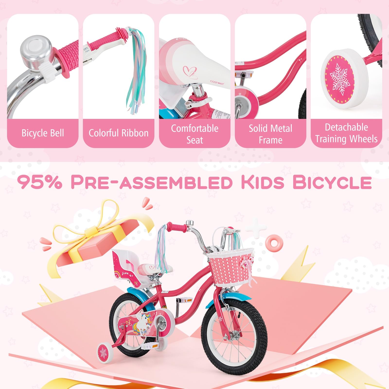 Baby Joy Kids Bike, 14 Inch Children Bicycle W/Basket, Doll Seat, Colorful Streamers, Training Wheels, Adjustable Seat & Handleb