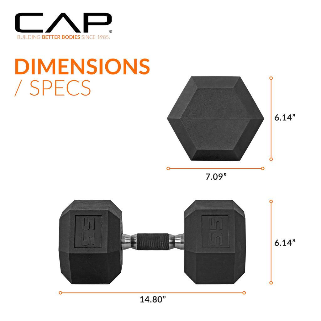 CAP Barbell 55 LB Rubber Coated Hex Dumbbell Hand Weight with Padded Grip - Pair | Comfort Grip