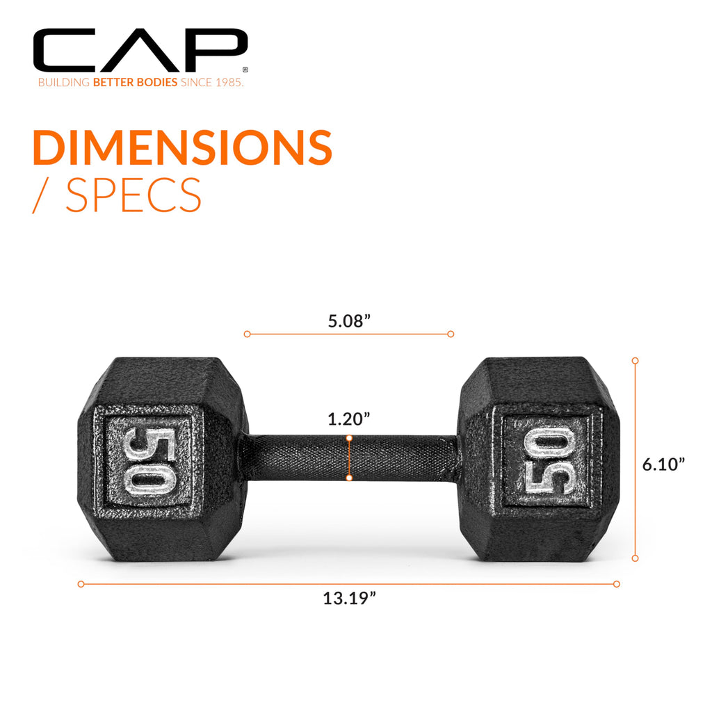 Cap Barbell Cast Iron Hex Dumbbell, Black, Single, 50 Lb
