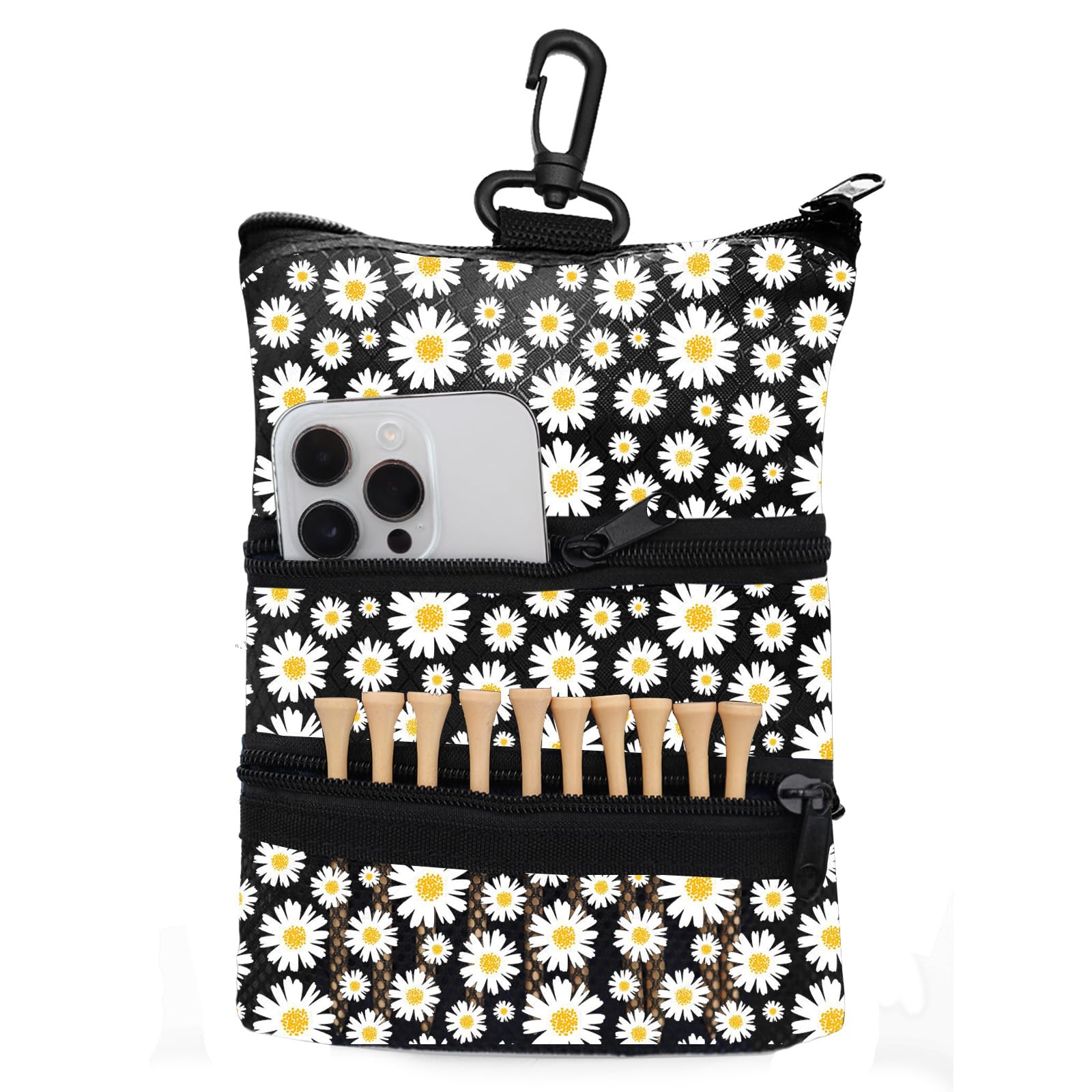 Amy Sport Golf Bag Accessories Valuables Pouch Bags Multi Pocket Zipper Hook with 10 Pcs Wood Golf Tees for Men Women (Daisy)