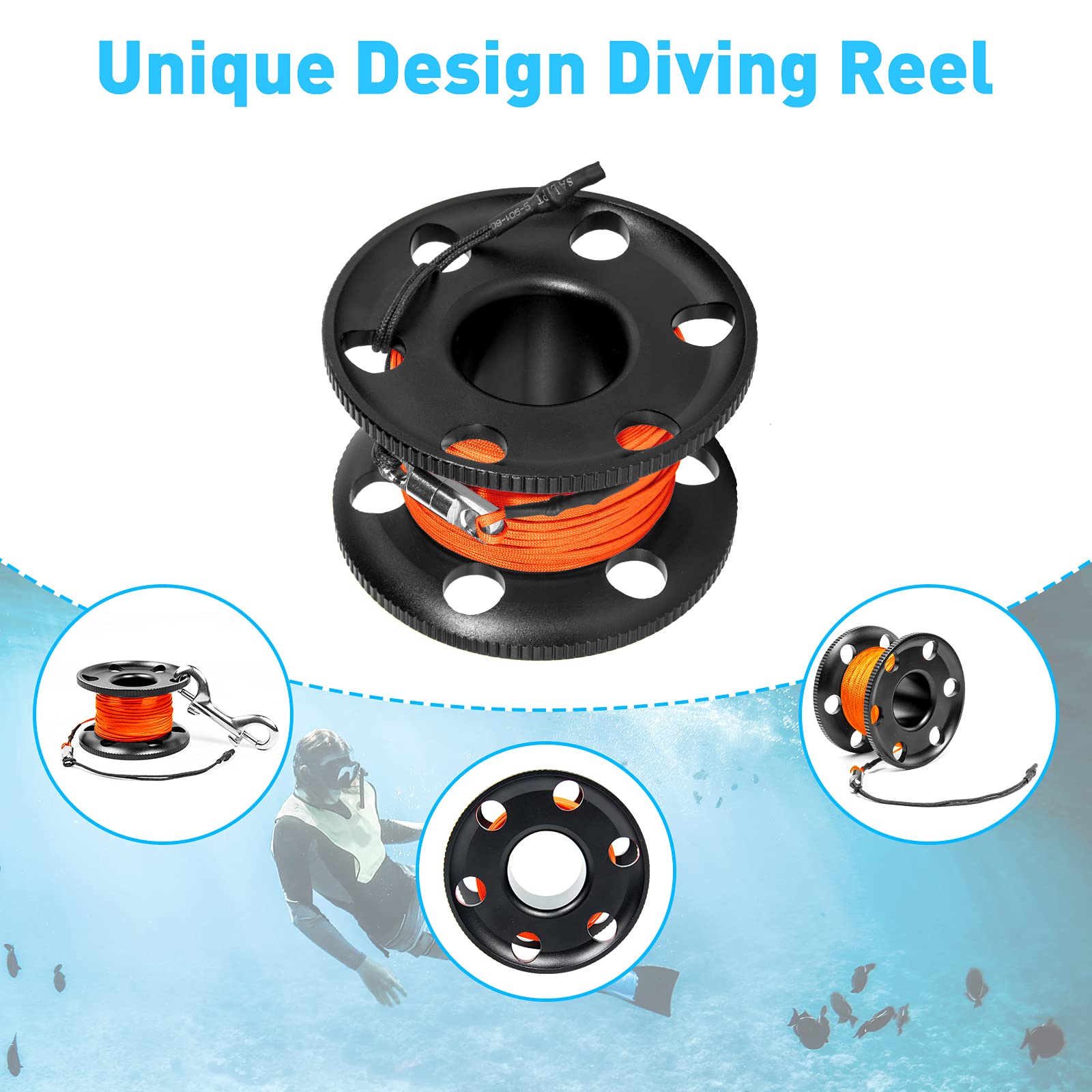 100Ft Scuba Diving Reel, Aluminum Alloy Large Scuba Spool Finger Reel With Double-Ended Bolt Snap Clip For Underwater Scuba Divi