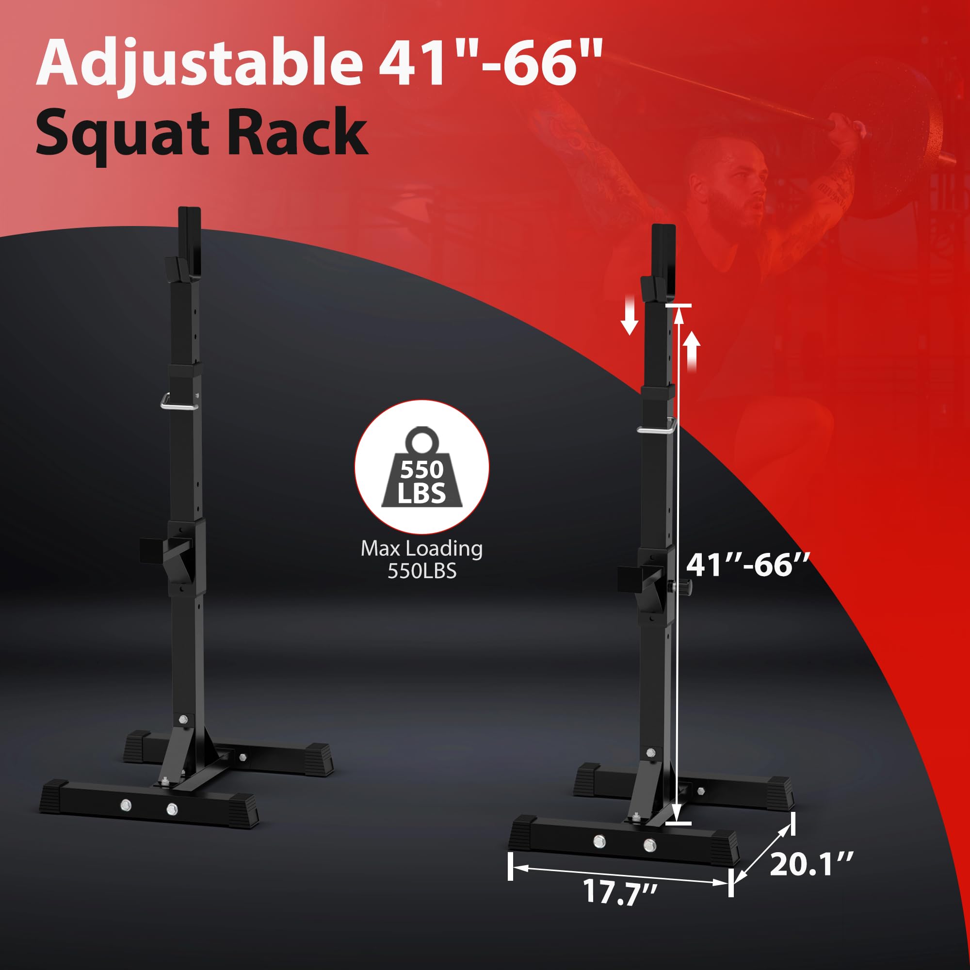 F2C Max Load 550Lbs Pair Of Adjustable 40''-66'' Squat Rack Sturdy Steel Squat Barbell Free Bench Press Stands Gym/Home Gym Port