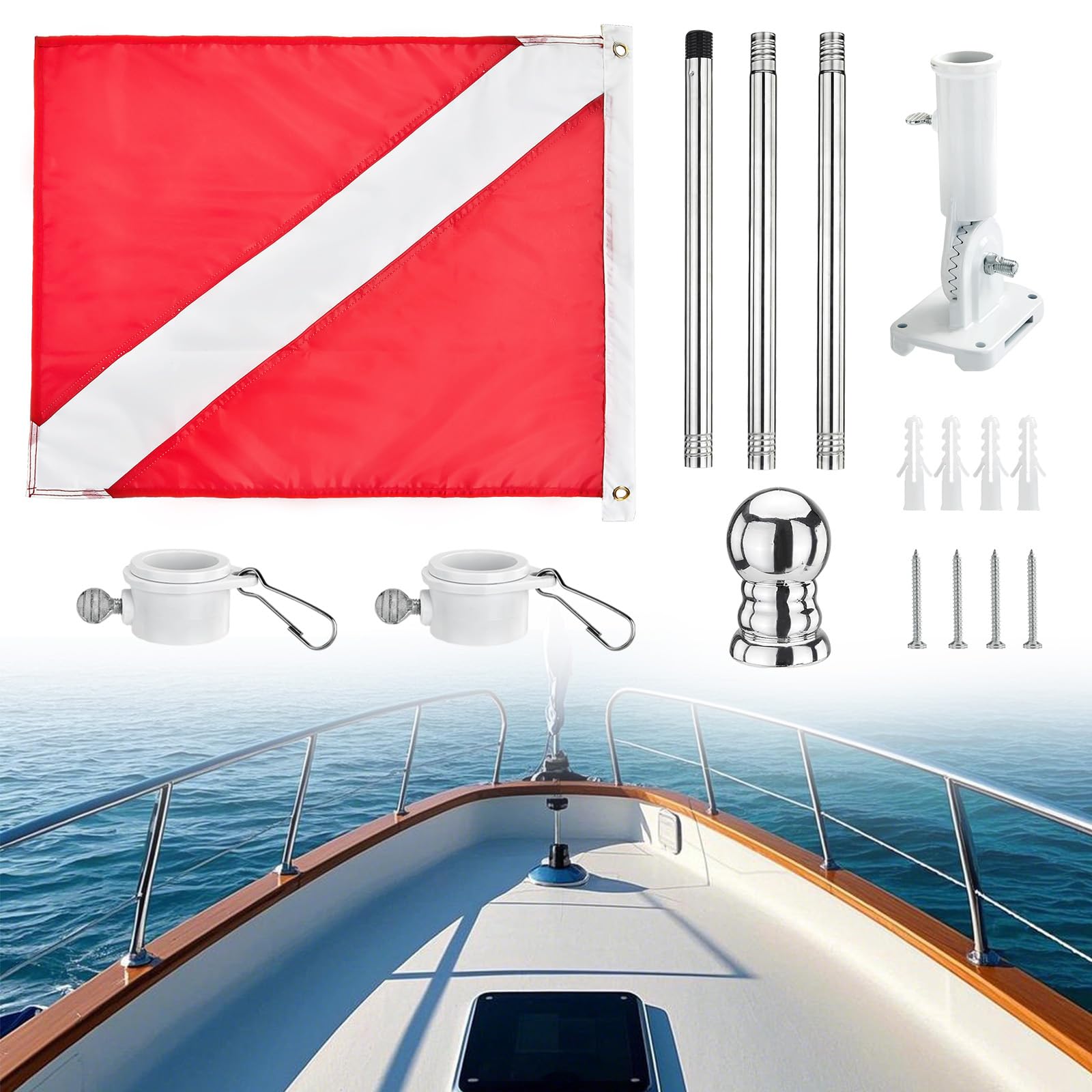 Diver Down Flag with 4 FT Metal Spinning Flag Poles Kit,1 Tangle Free Stainless Steel Flagpole with 360 Flagpole Rings & Adjusta