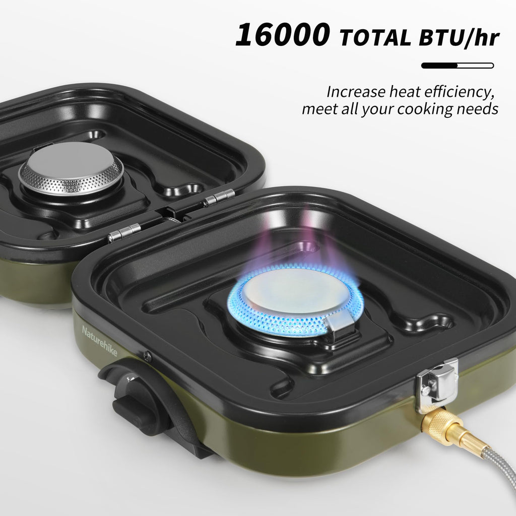 Naturehike 2 Burner Folding Camping Stove With Griddle, Portable Camp Isobutane Gas Stove With 16000 Btu Adjustable Burners & Pi