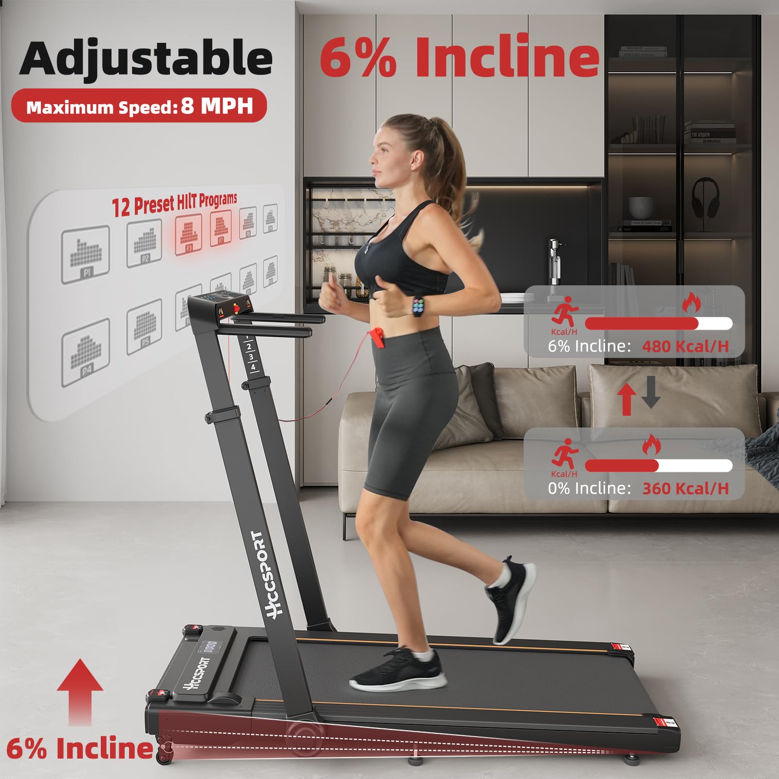 Hccsport Treadmill With Incline, 3 In 1 Under Desk Treadmill Walking Pad With Removable Desk Workstation 3.5Hp Foldable Compact