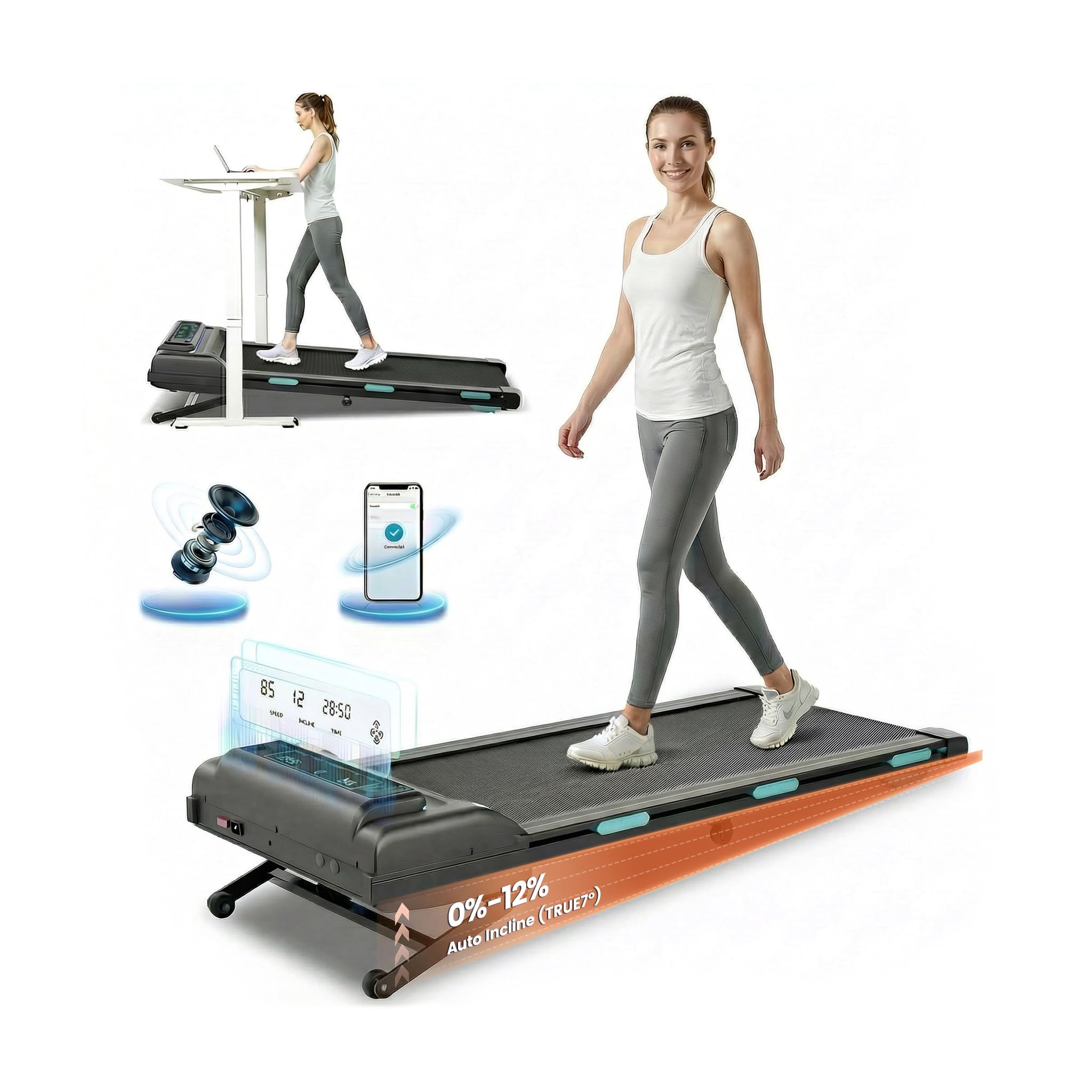 Jackfield Walking Pad Treadmills with 12% Auto Incline, 3.5HP Treadmills for Home, Portable Under Desk Treadmill with Bluetooth 