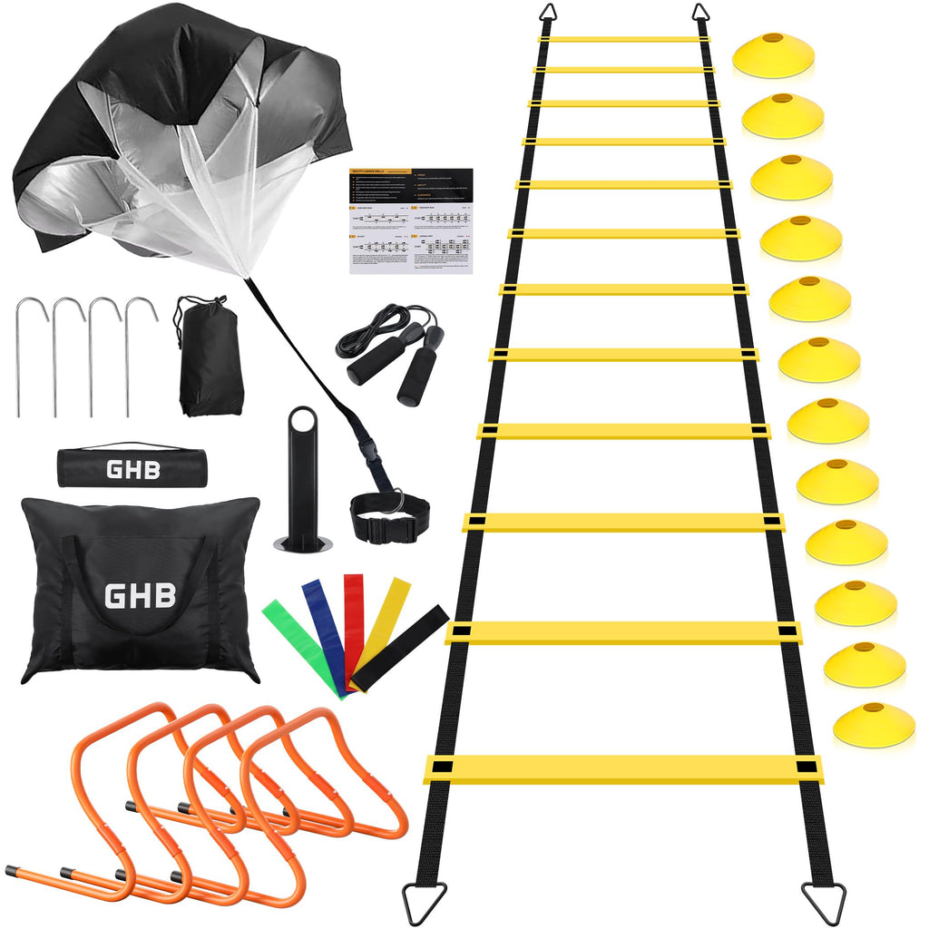 GHB Agility Ladder,Football Training Equipment Set,4 Agility Hurdles, 20 feet 12 Rungs Speed Ladder,12 Disc Cones,Resistance Par