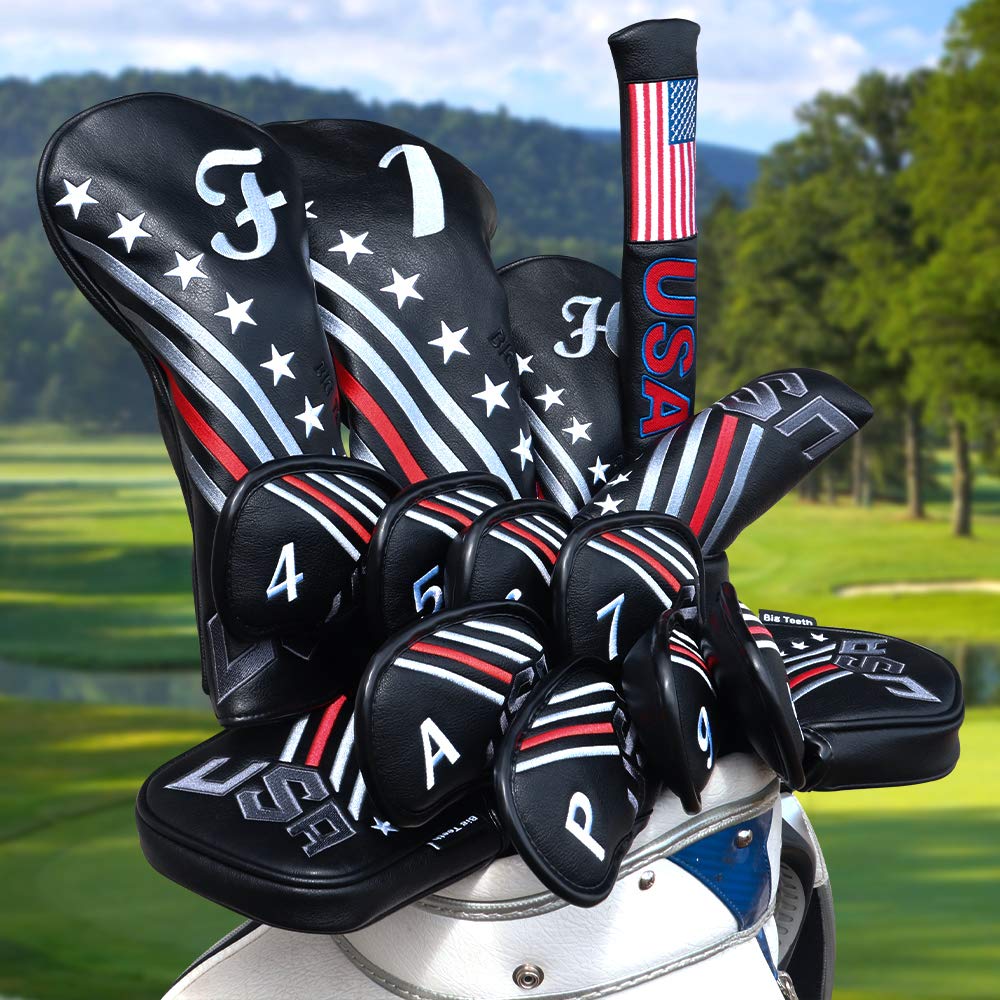 Big Teeth Golf Head Covers Driver Hybrid Fairway Usa Stripe And Star Golf Accessories (Hybrid Cover)