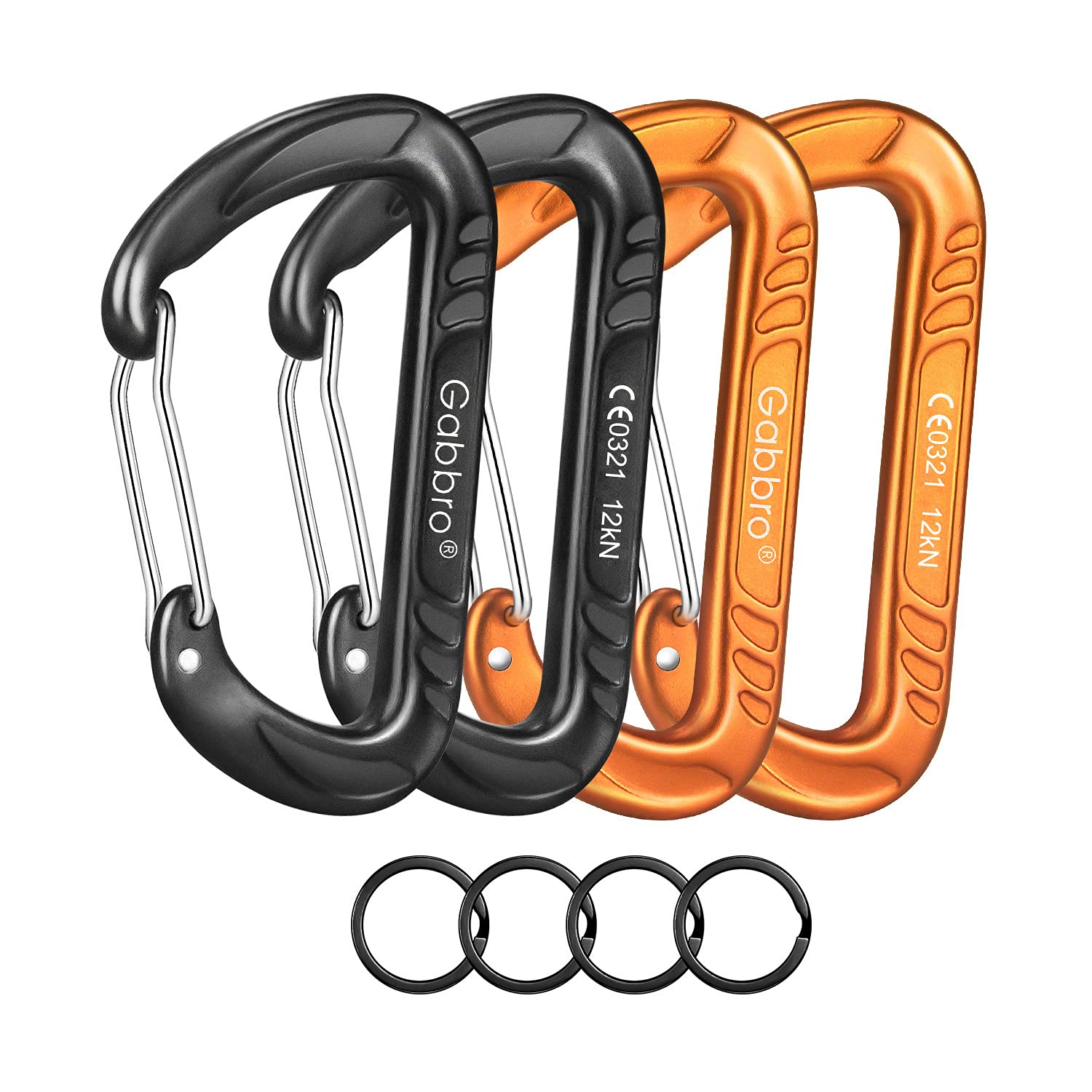 Gabbro Carabiner Clip Heavy Duty 2697Lbs, 4 Pcs 3'' Large Lightweight Aluminum Caribeaners With Keychain Hook Ring - Black Orang