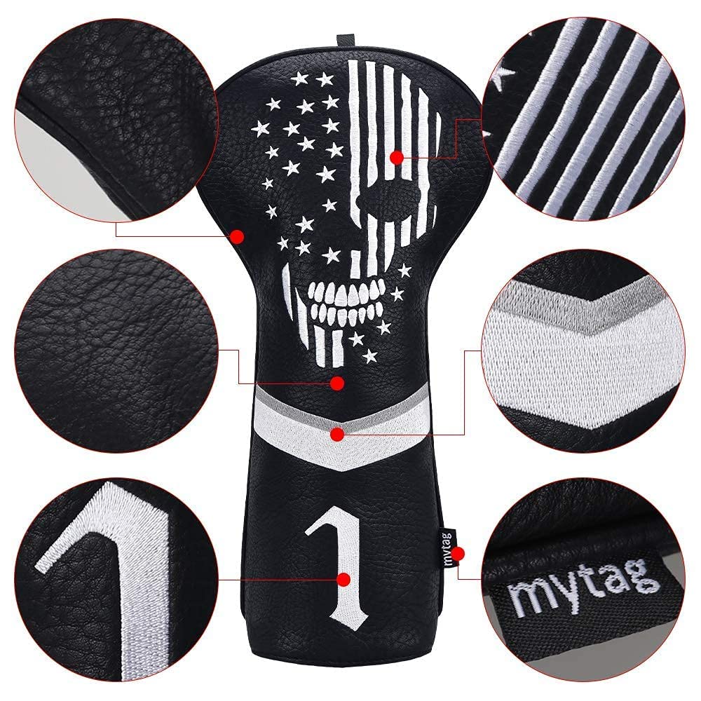 Caiobob Mytag Golf Skull Skeleton Head Cover Golf Club Black Leather Headcovers Set Fits Driver Fairway Wood Hybrid (1Pc Driver