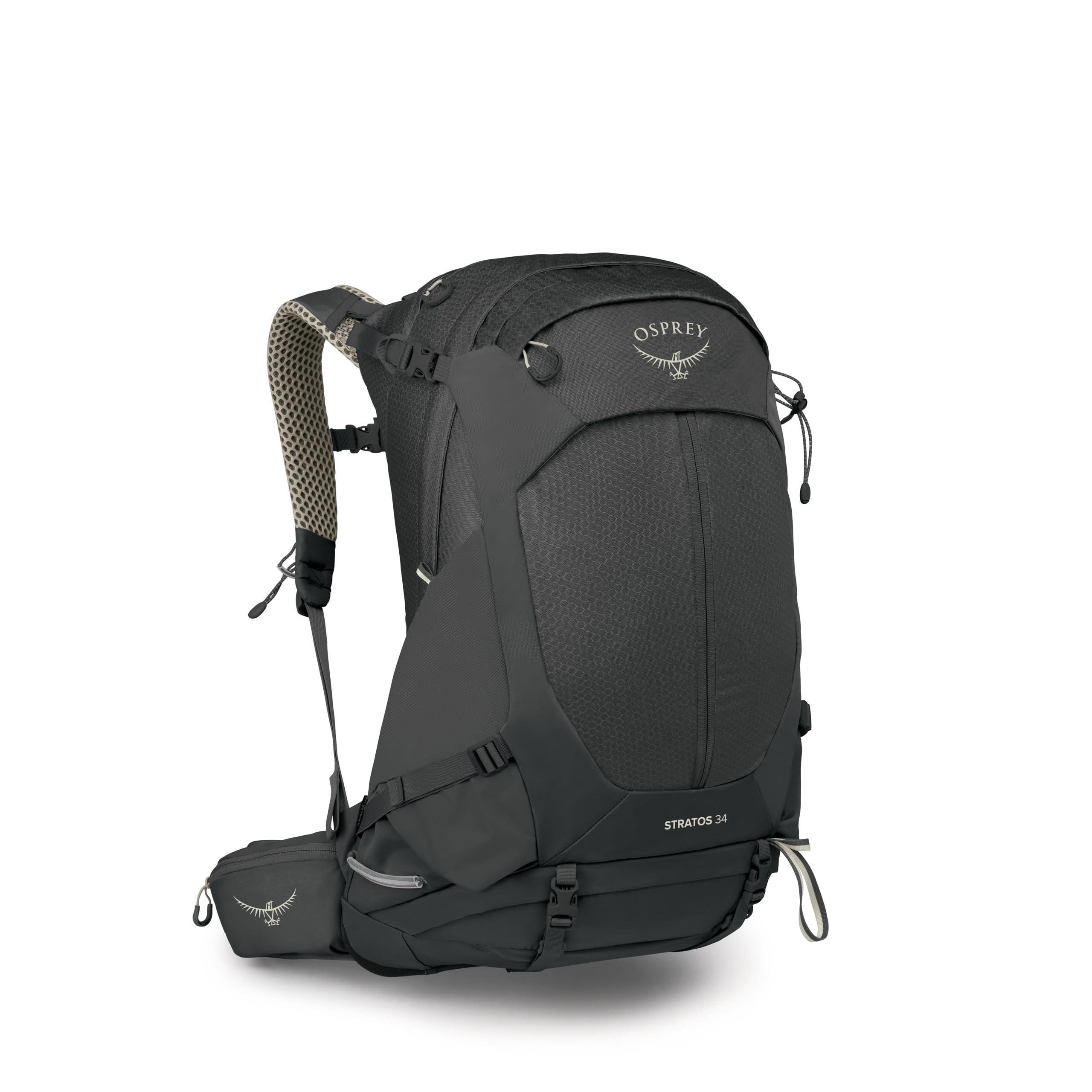 Osprey Stratos 34L Mens Hiking Backpack - Camping Bag with Waterproof Raincover, Bottle Pockets, & Gear Straps, Raven Black