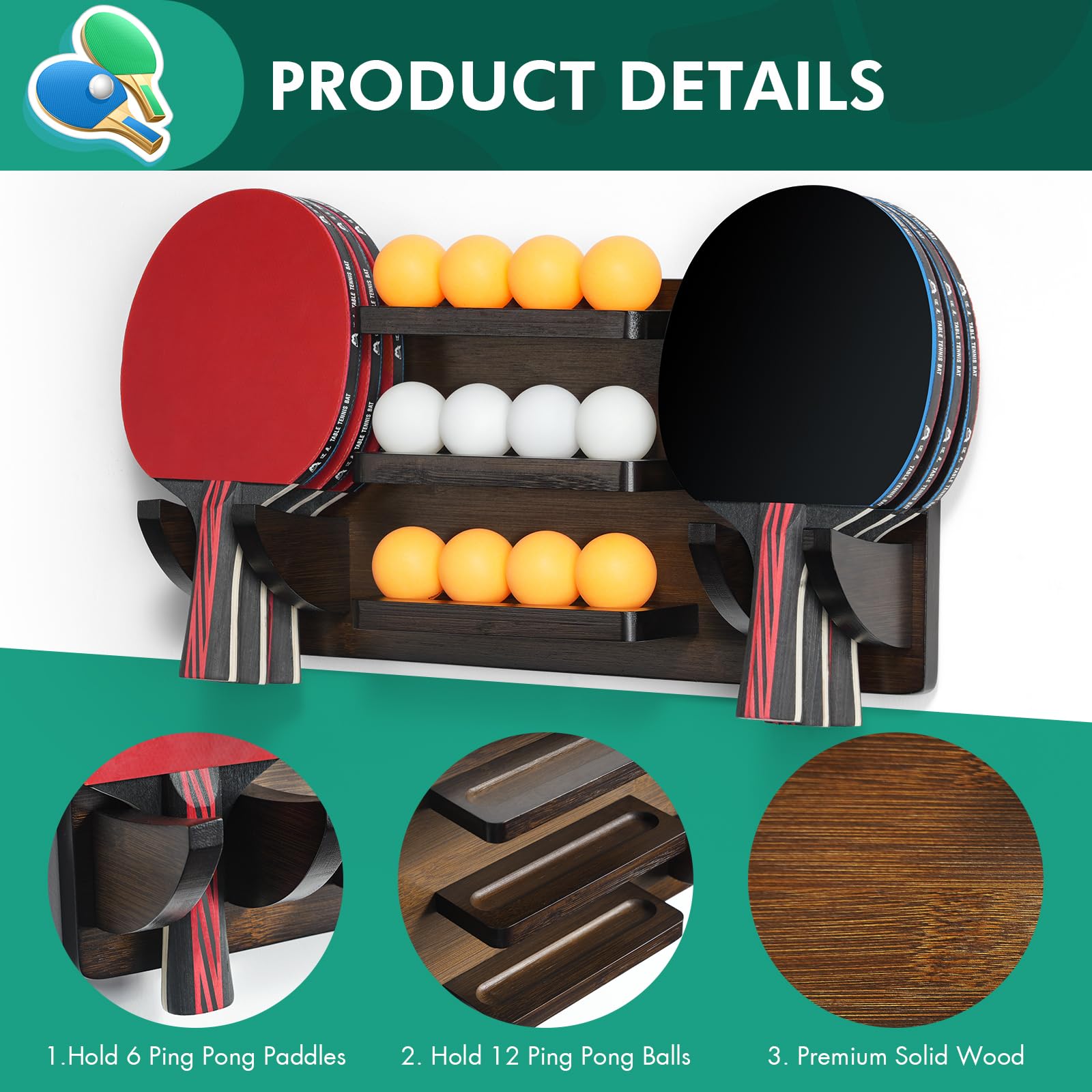 Ikkle Ping Pong Paddle Holder Wall Mounted Table Tennis Racket Display For 6 Paddles And 12 Balls Storage, Ping Pong Accessories