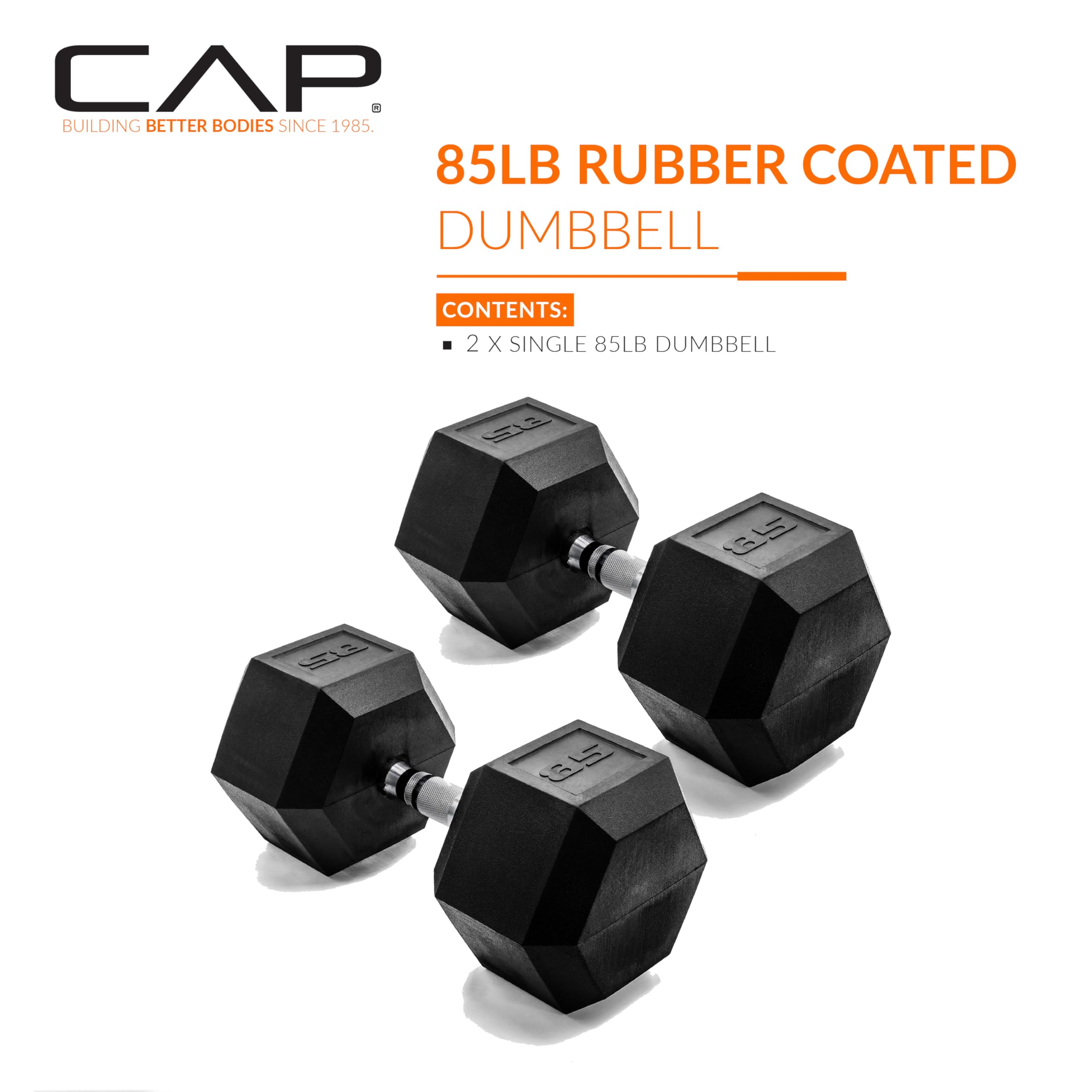 CAP Barbell 85 LB Rubber Coated Hex Dumbbell Hand Weight - Pair | Chrome Handle