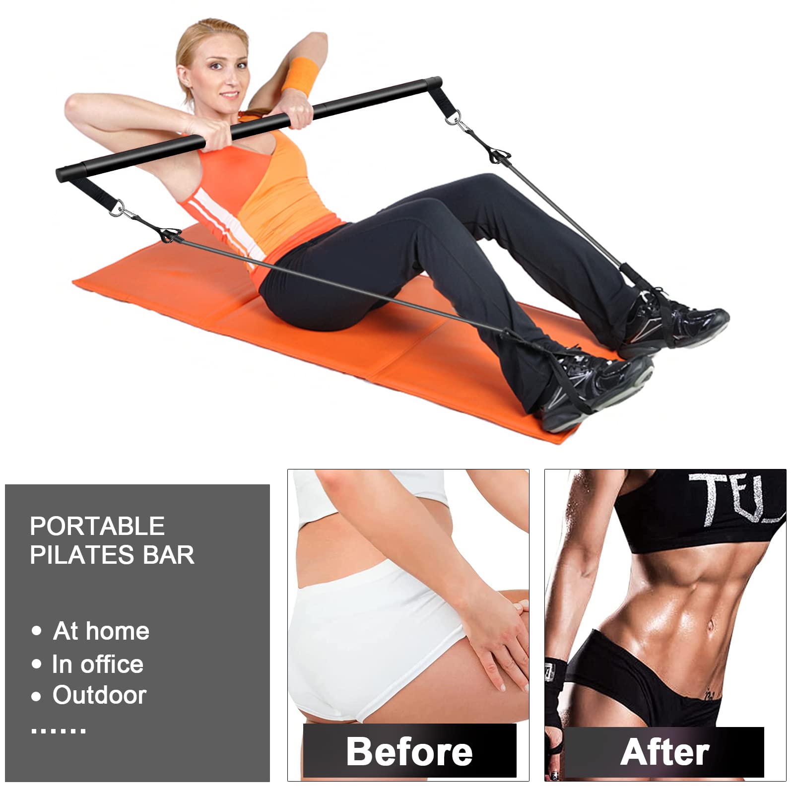 Pilates Bar Kit with Resistance Bands(4 x Bands),3-Section Pilates Flexbands Kit Workout Equipment for Legs,Hip,Waist and Arm,Fi
